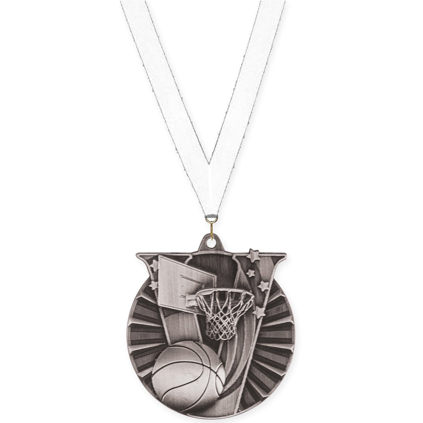 2 inch basketball Victory medal in antique silver with White neck ribbon