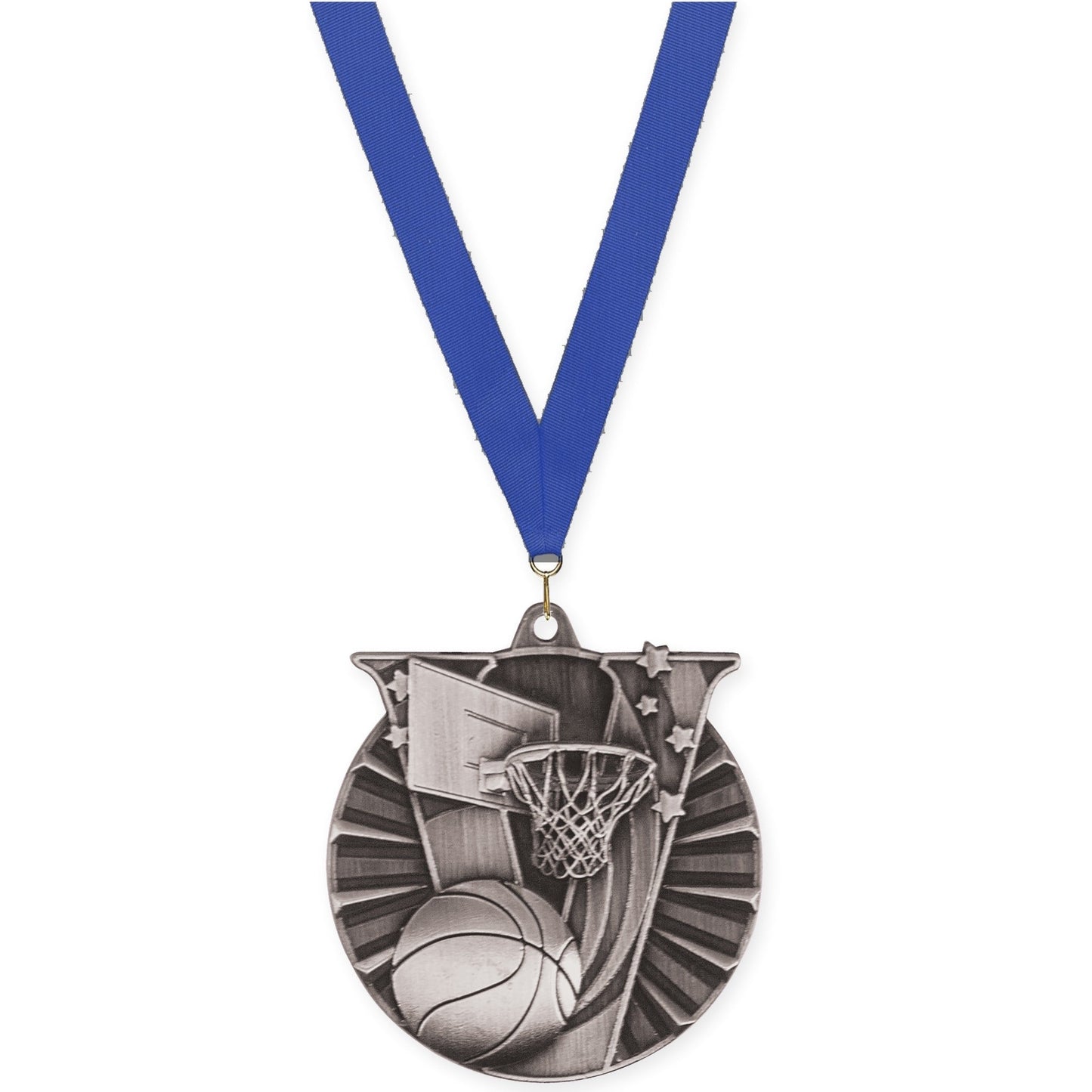 2 inch basketball Victory medal in antique silver with Blue neck ribbon