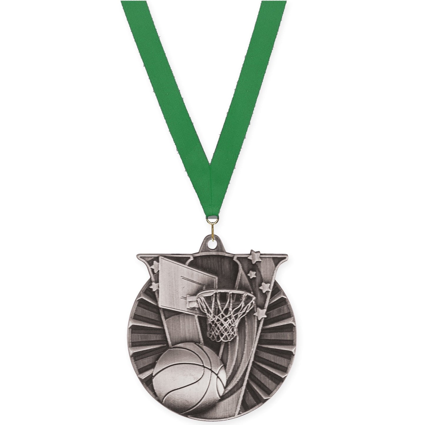 2 inch basketball Victory medal in antique silver with Green neck ribbon