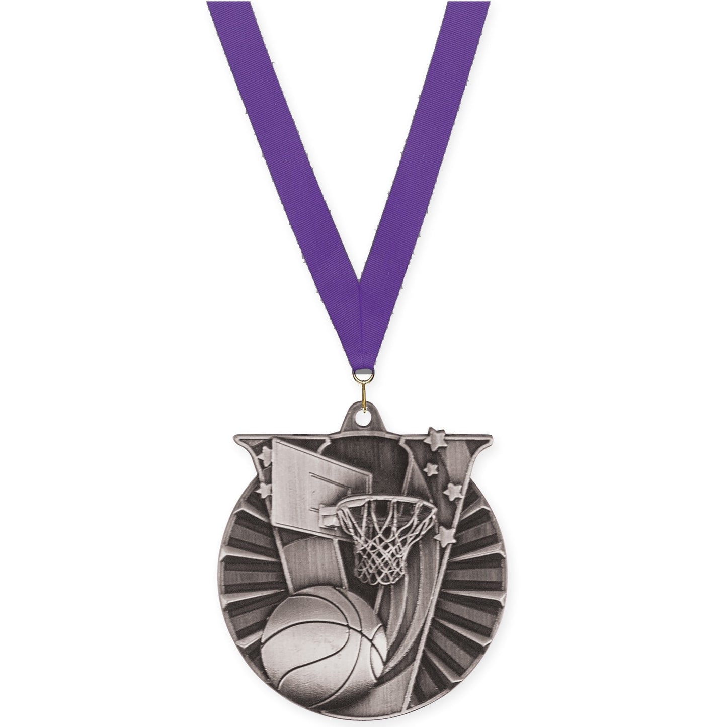 2 inch basketball Victory medal in antique silver with Purple neck ribbon