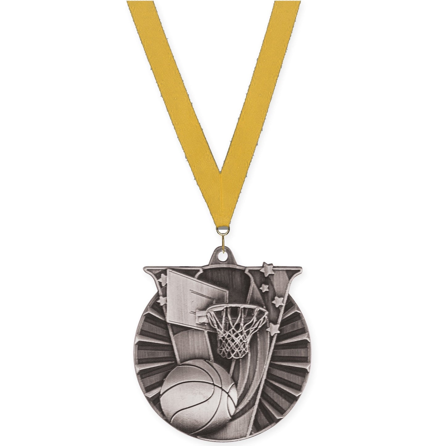 2 inch basketball Victory medal in antique silver with Gold neck ribbon