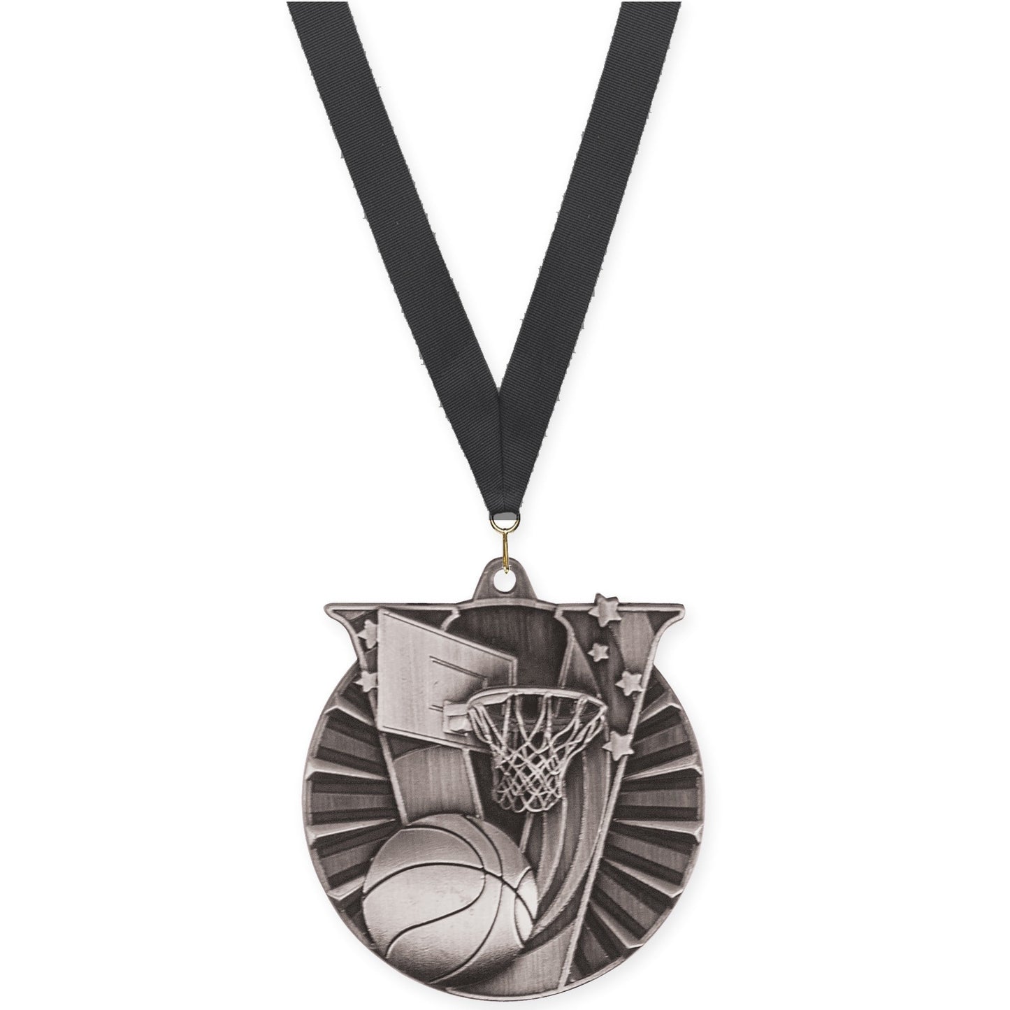 2 inch basketball Victory medal in antique silver with Black neck ribbon