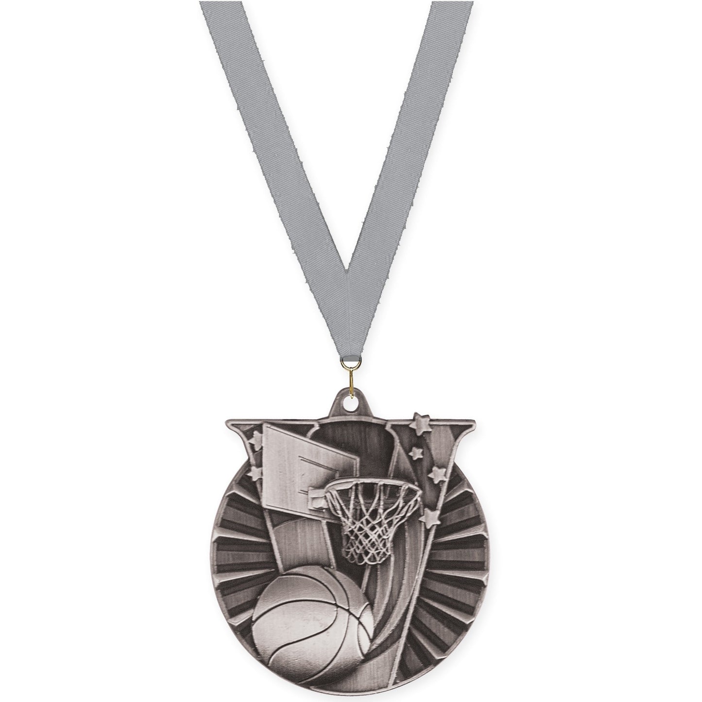 2 inch basketball Victory medal in antique silver with Gray neck ribbon