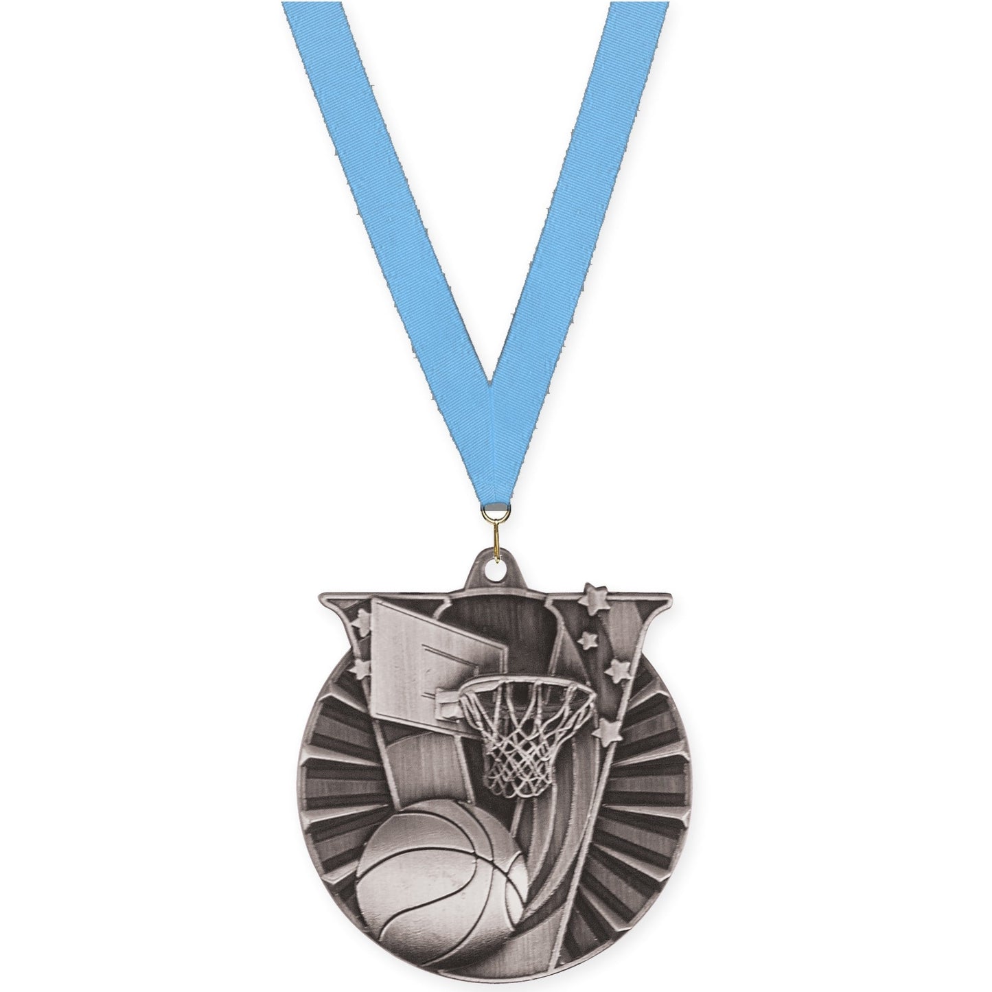 2 inch basketball Victory medal in antique silver with Light Blue neck ribbon