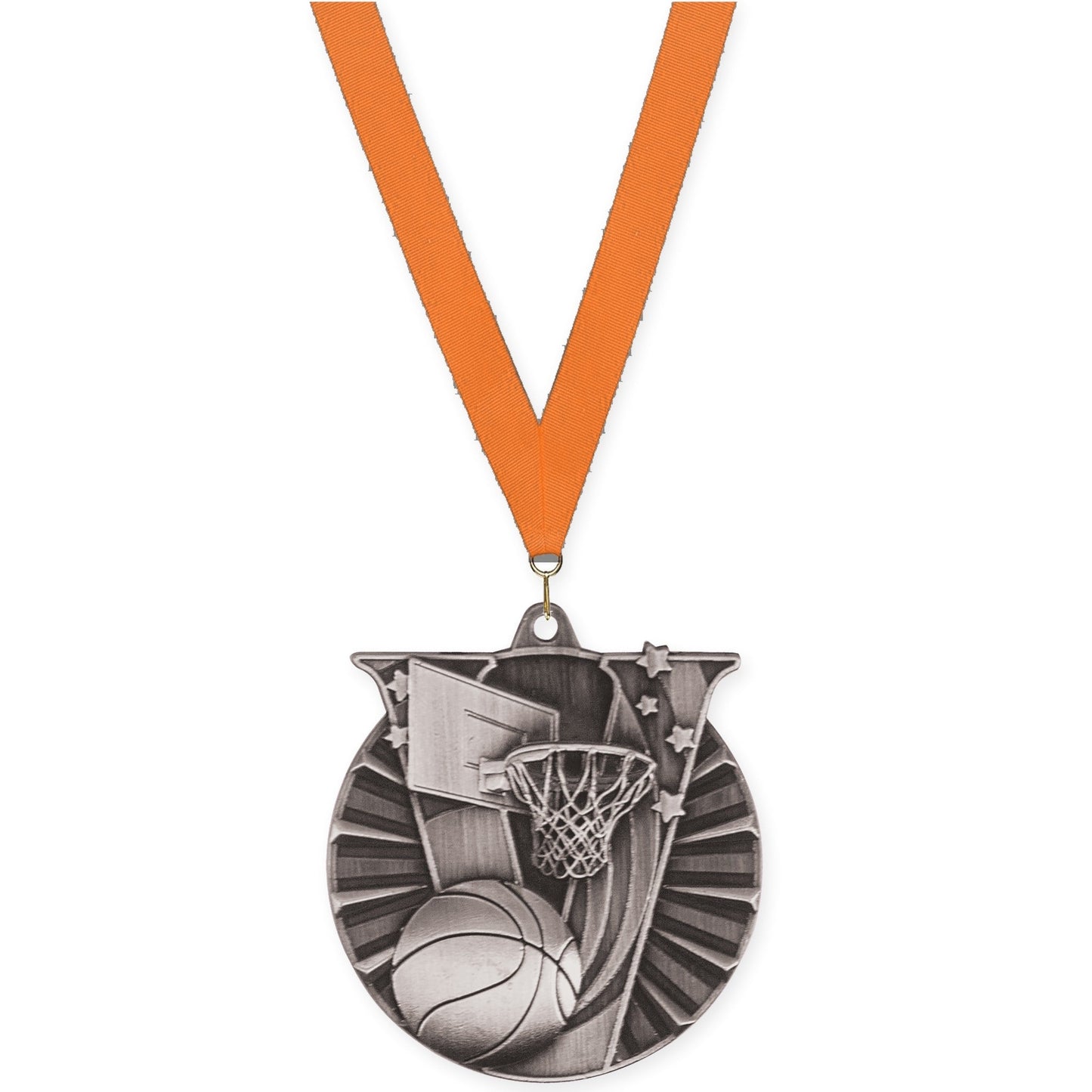 2 inch basketball Victory medal in antique silver with Orange neck ribbon