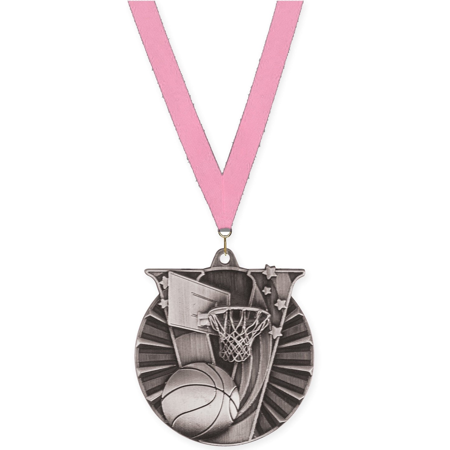 2 inch basketball Victory medal in antique silver with Pink neck ribbon