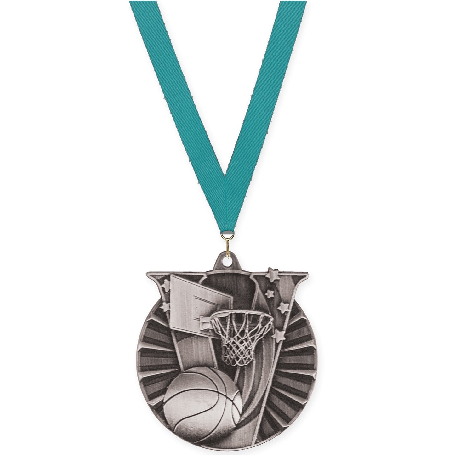 2 inch basketball Victory medal in antique silver with Teal neck ribbon