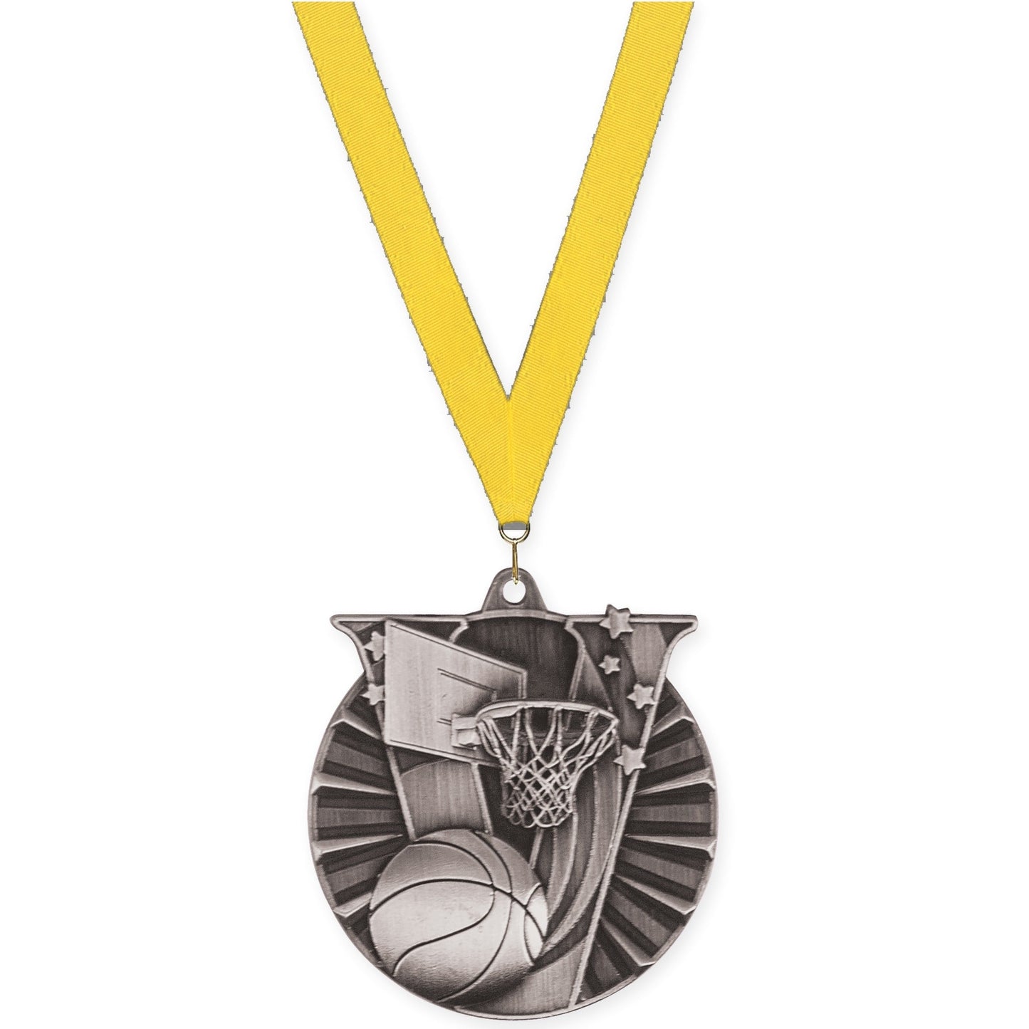 2 inch basketball Victory medal in antique silver with Yellow neck ribbon