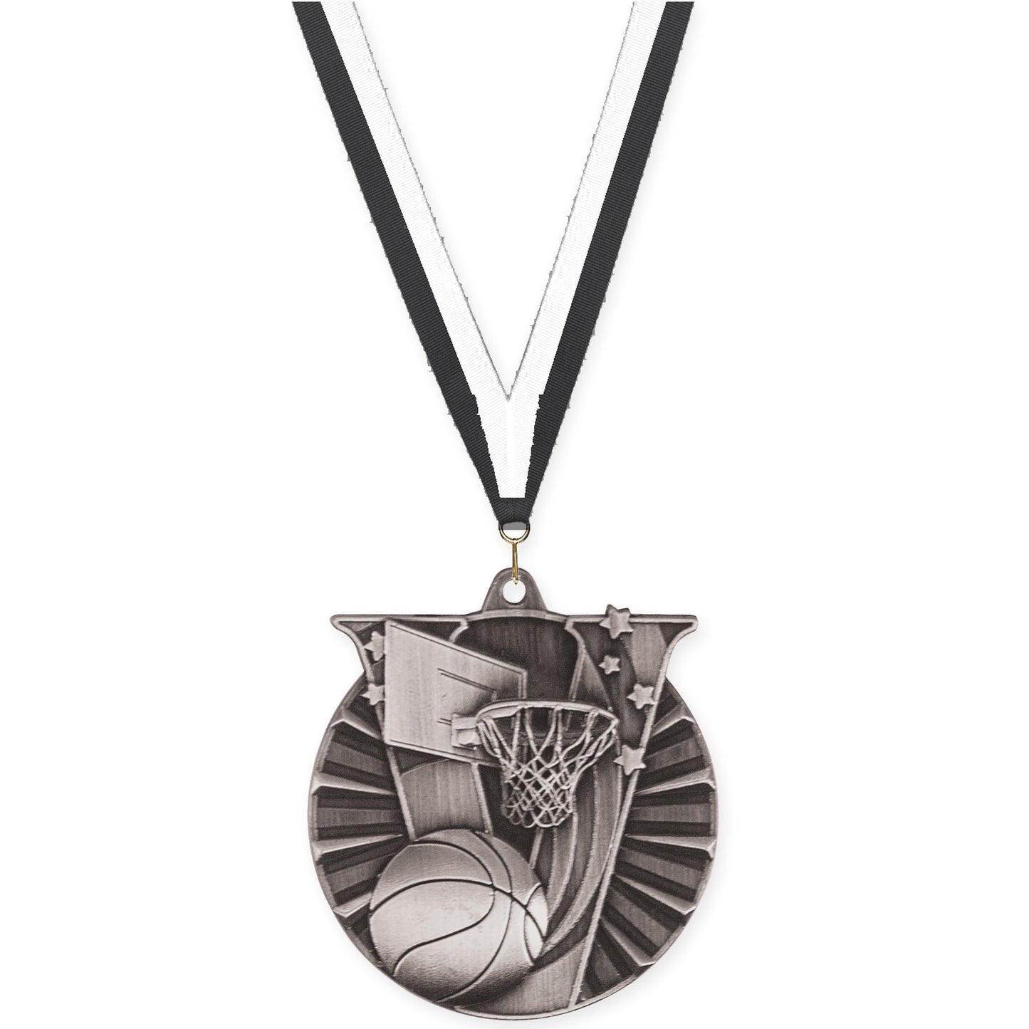 2 inch basketball Victory medal in antique silver with Black White neck ribbon