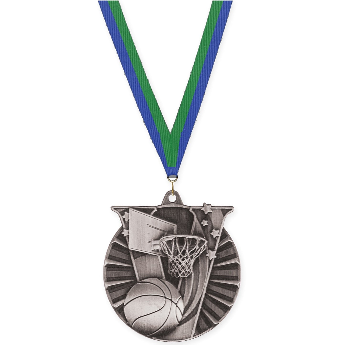 2 inch basketball Victory medal in antique silver with Blue Green neck ribbon