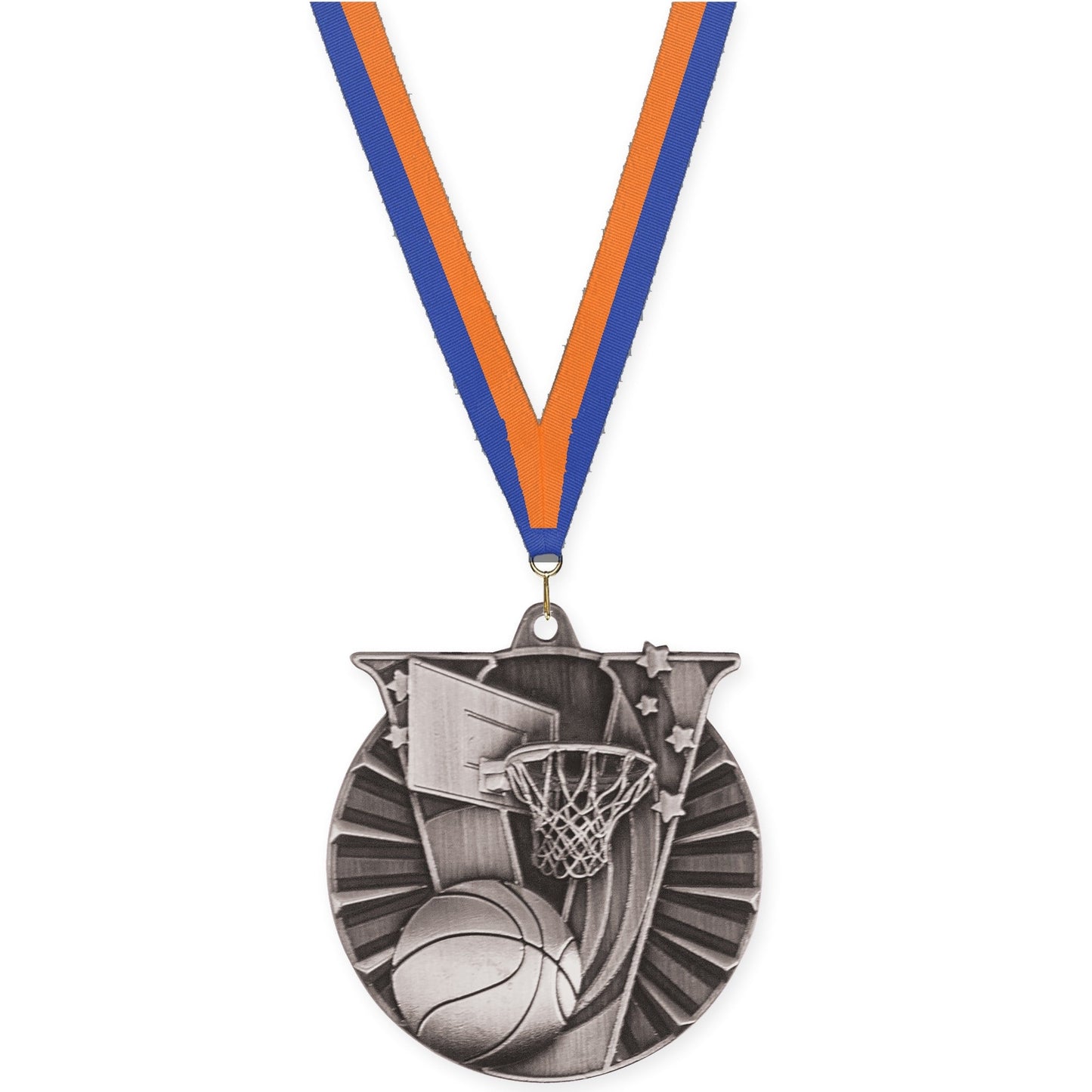 2 inch basketball Victory medal in antique silver with Blue Orange neck ribbon