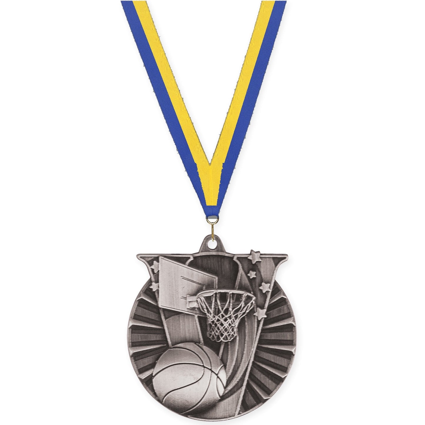 2 inch basketball Victory medal in antique silver with Blue Yellow neck ribbon