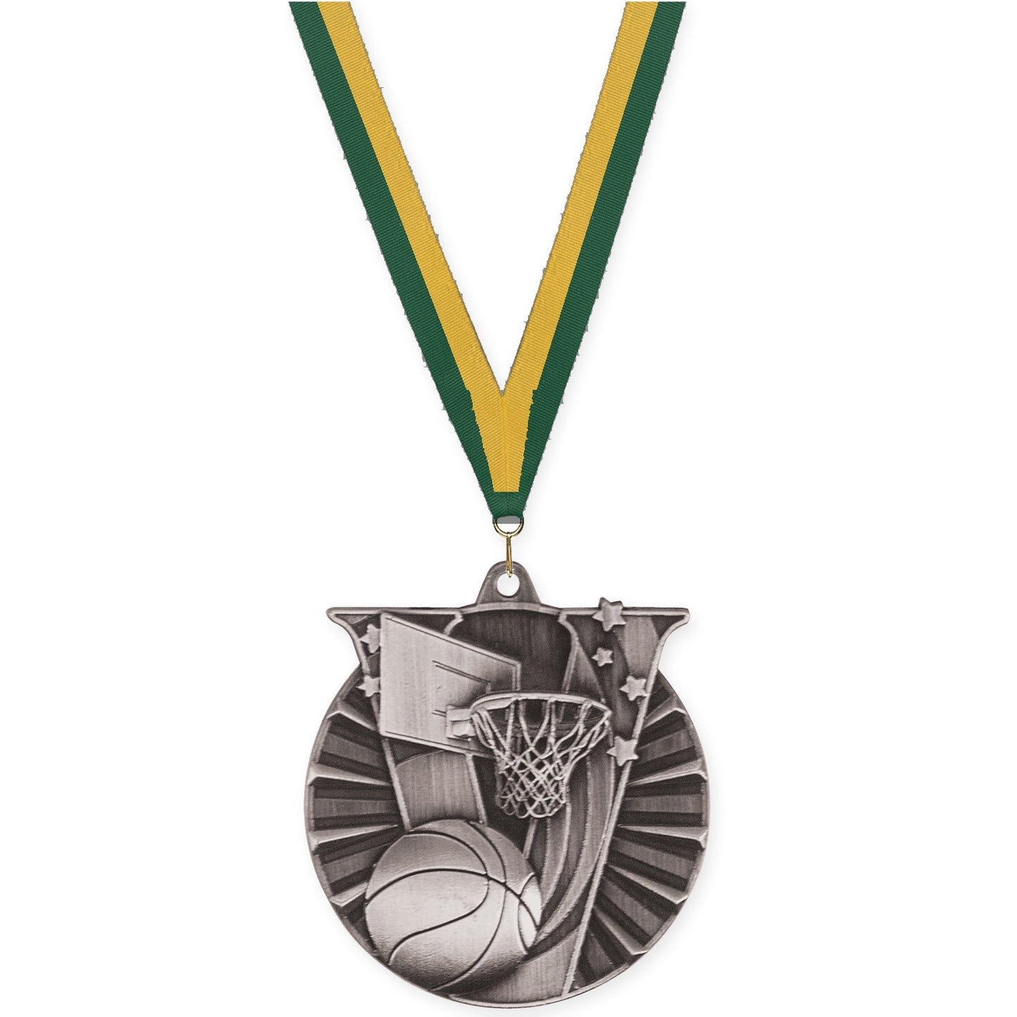 2 inch basketball Victory medal in antique silver with Hunter Green Gold neck ribbon