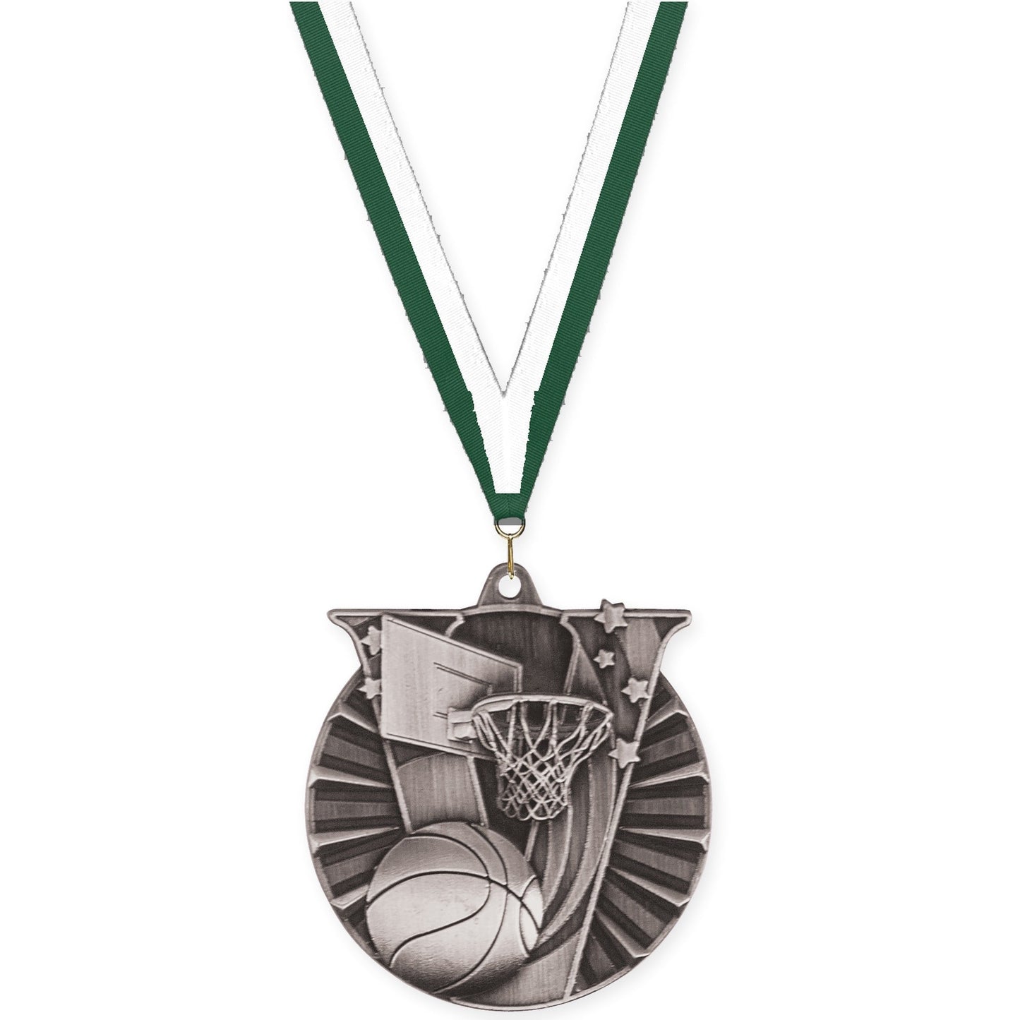 2 inch basketball Victory medal in antique silver with Hunter Green White neck ribbon