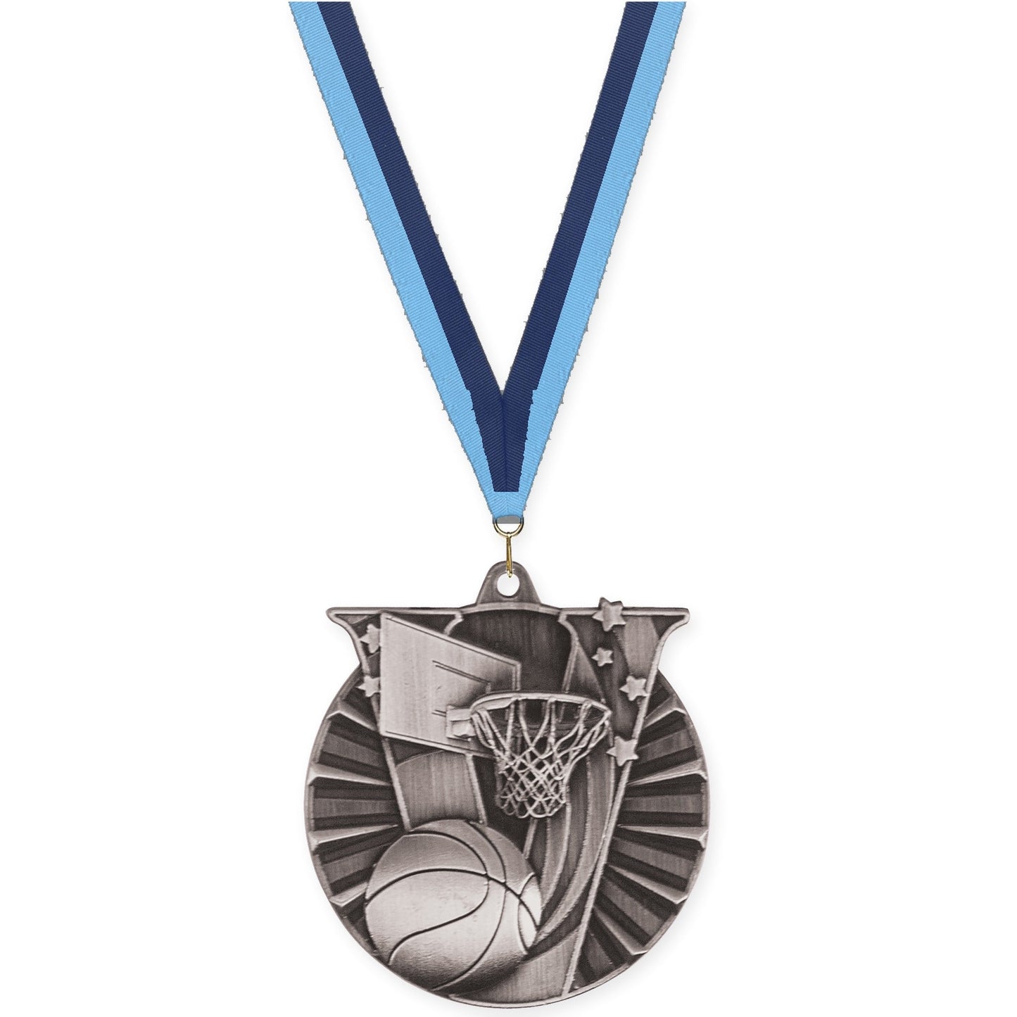 2 inch basketball Victory medal in antique silver with Light Blue Navy neck ribbon