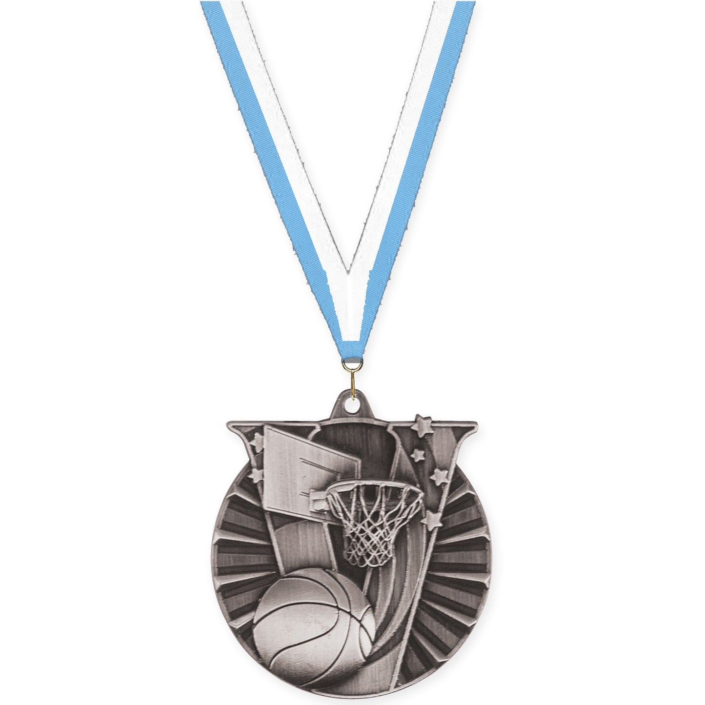2 inch basketball Victory medal in antique silver with Light Blue White neck ribbon