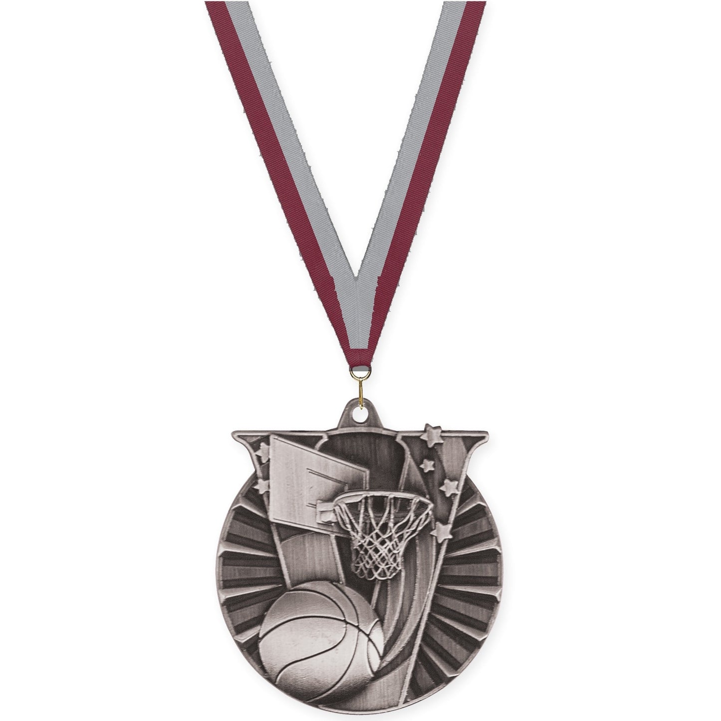2 inch basketball Victory medal in antique silver with Maroon Gray neck ribbon