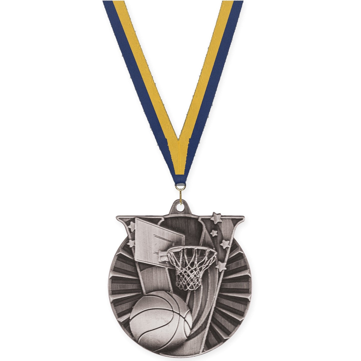 2 inch basketball Victory medal in antique silver with Navy Gold neck ribbon
