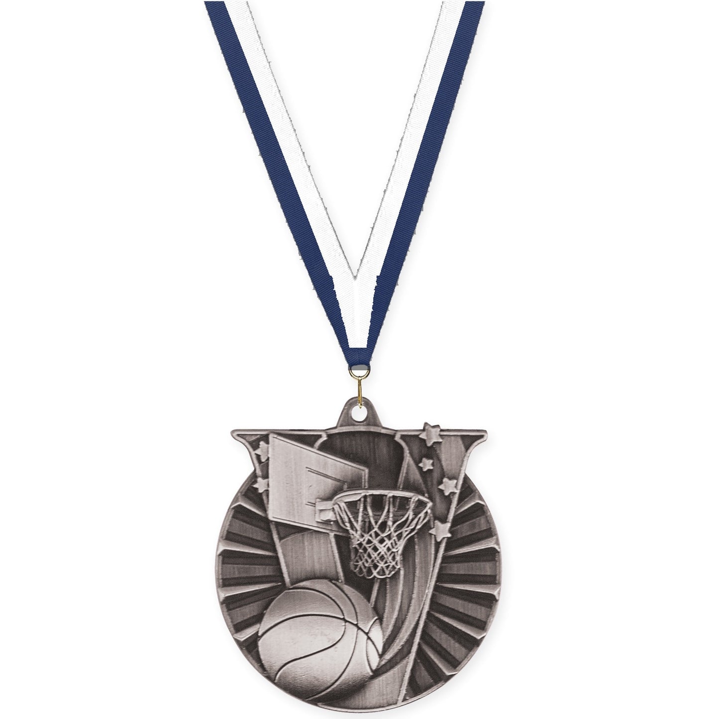 2 inch basketball Victory medal in antique silver with Navy White neck ribbon