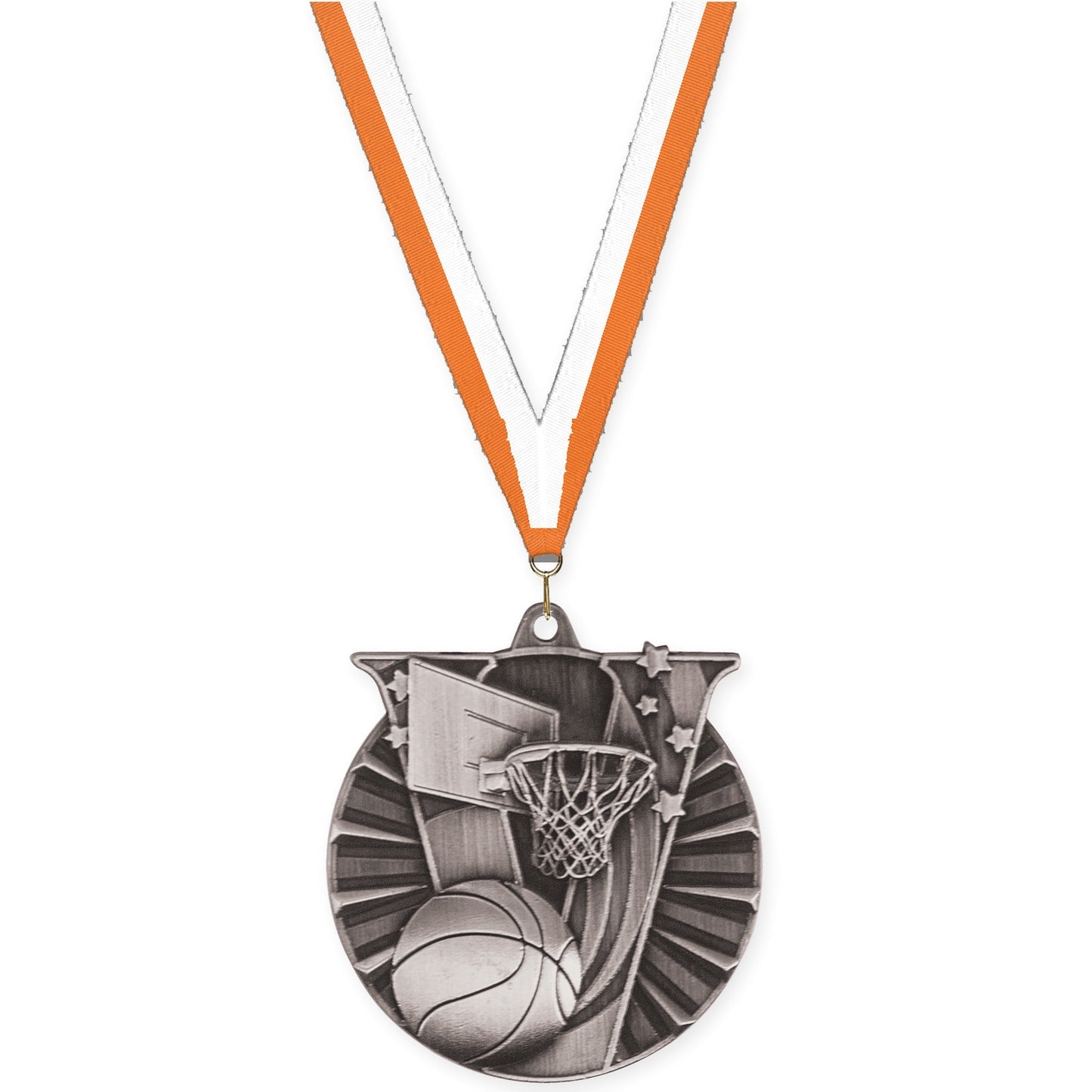 2 inch basketball Victory medal in antique silver with Orange White neck ribbon