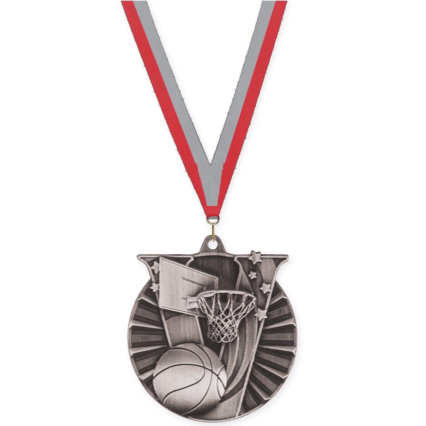 2 inch basketball Victory medal in antique silver with Red Gray neck ribbon