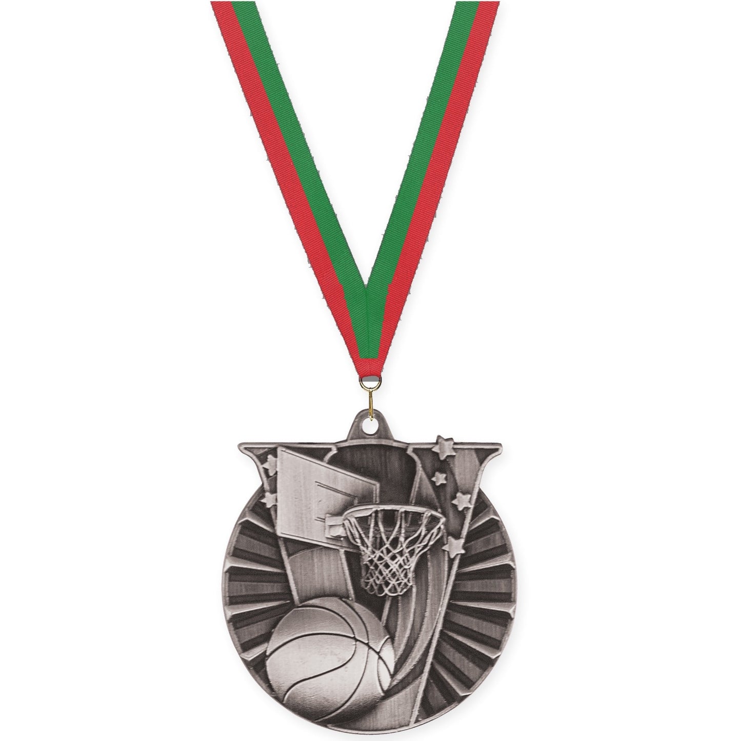 2 inch basketball Victory medal in antique silver with Red Green neck ribbon