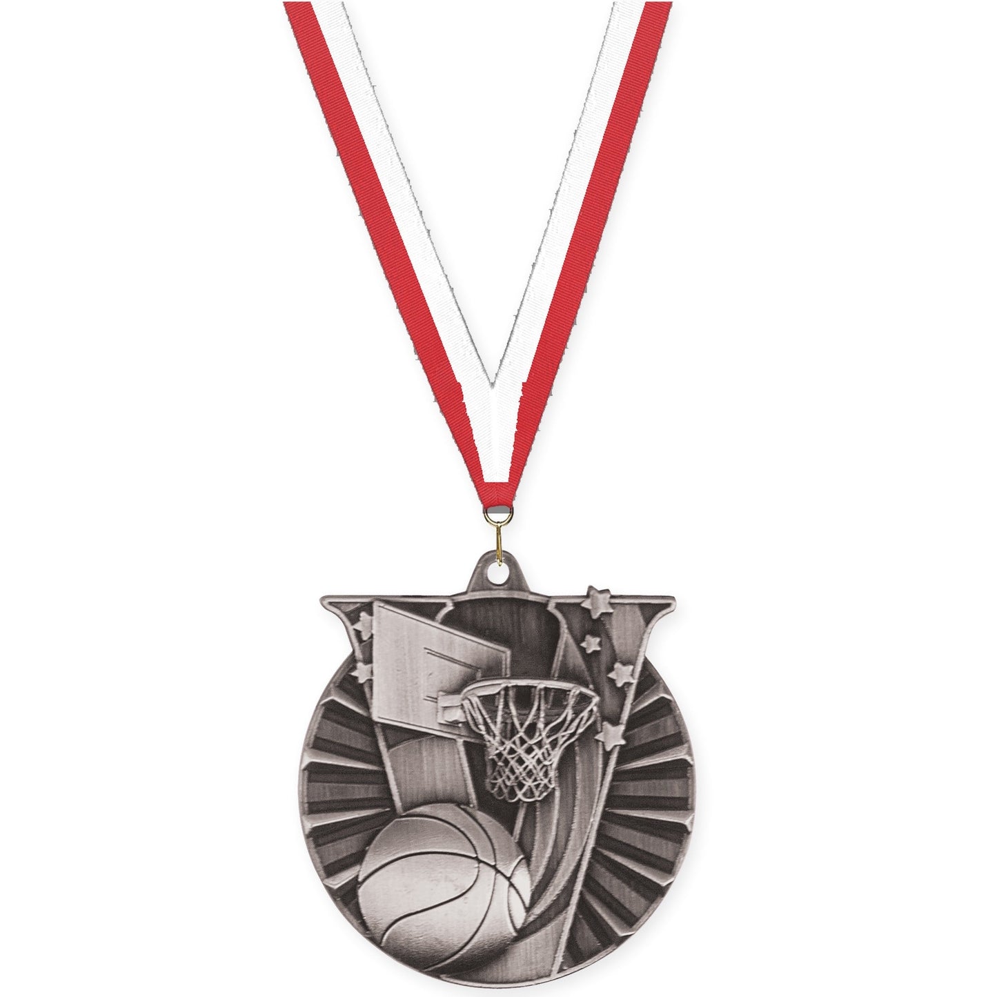 2 inch basketball Victory medal in antique silver with Red White neck ribbon