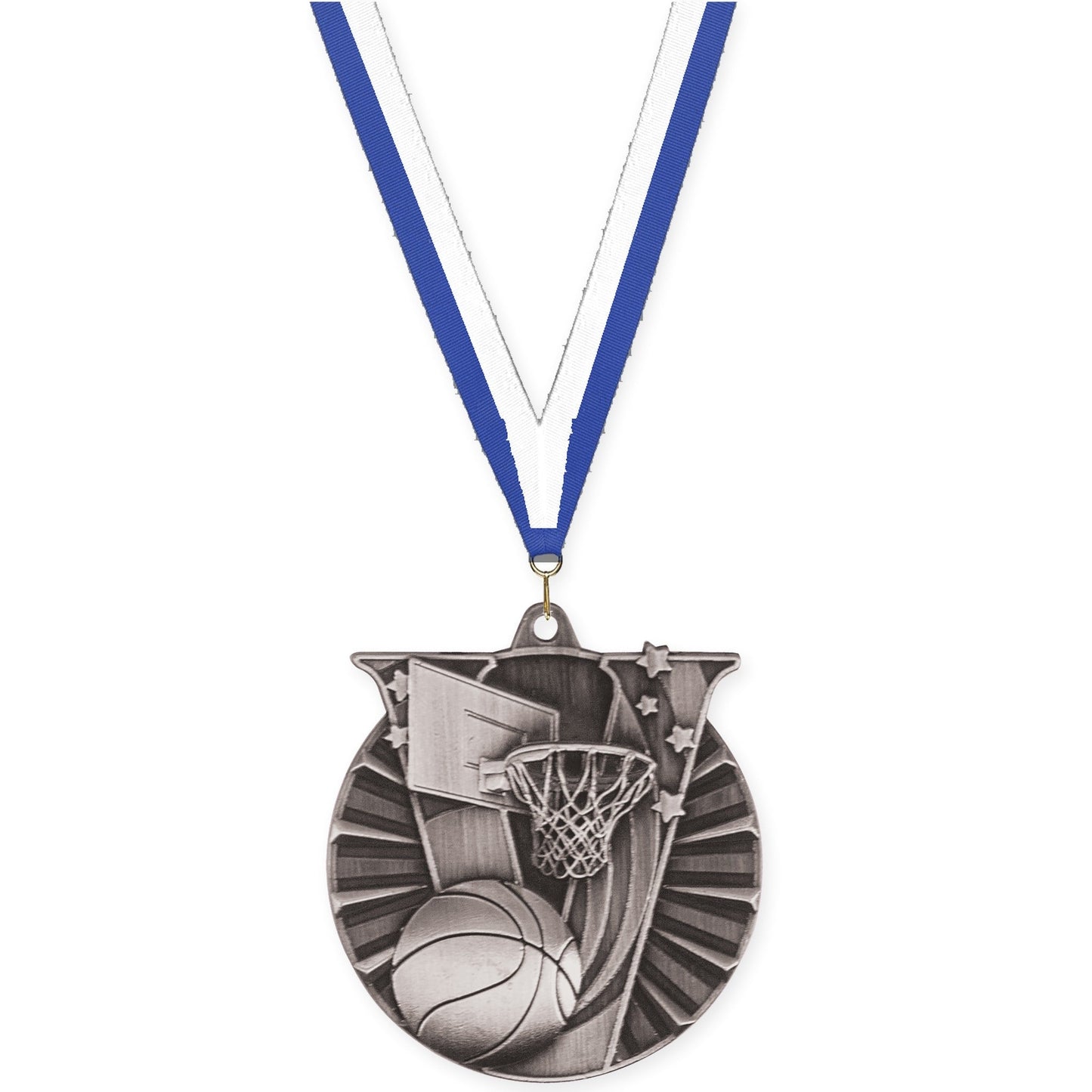 2 inch basketball Victory medal in antique silver with Blue White neck ribbon