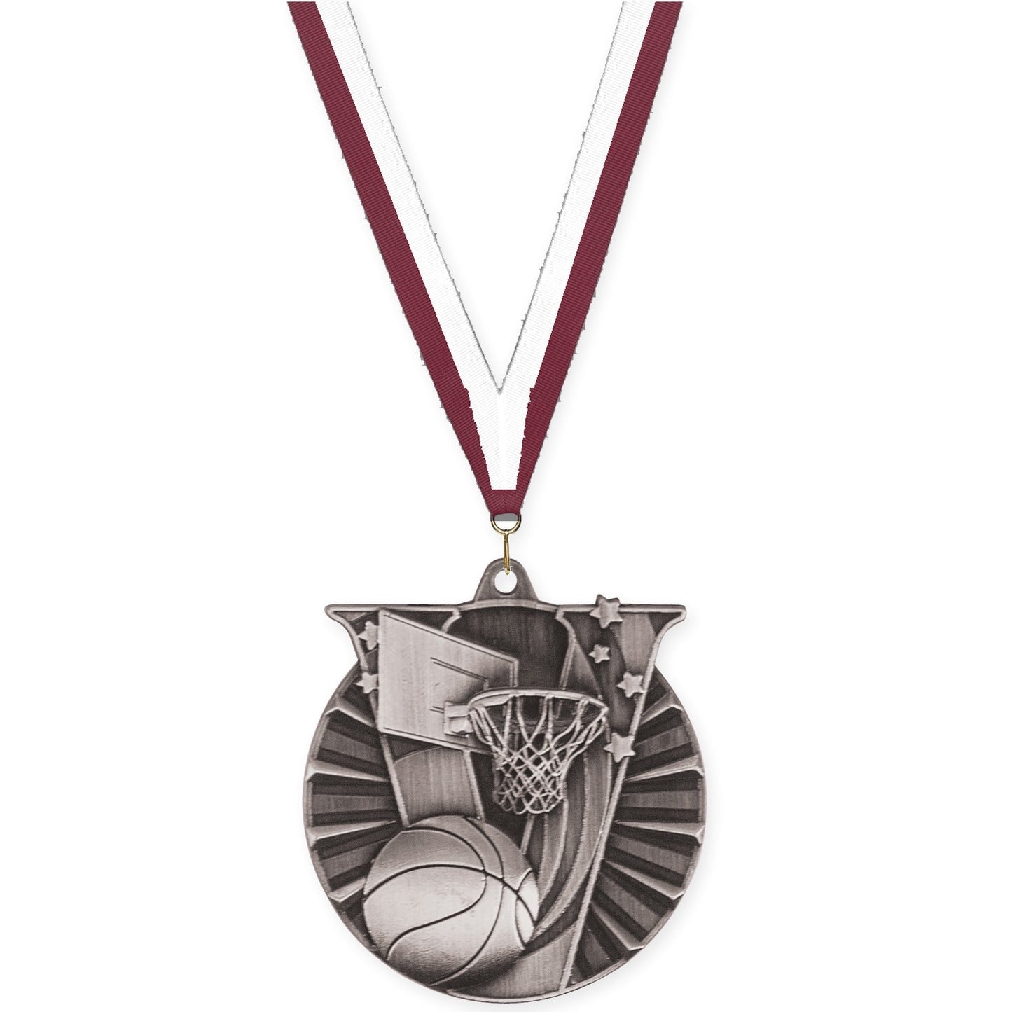 2 inch basketball Victory medal in antique silver with Maroon White neck ribbon