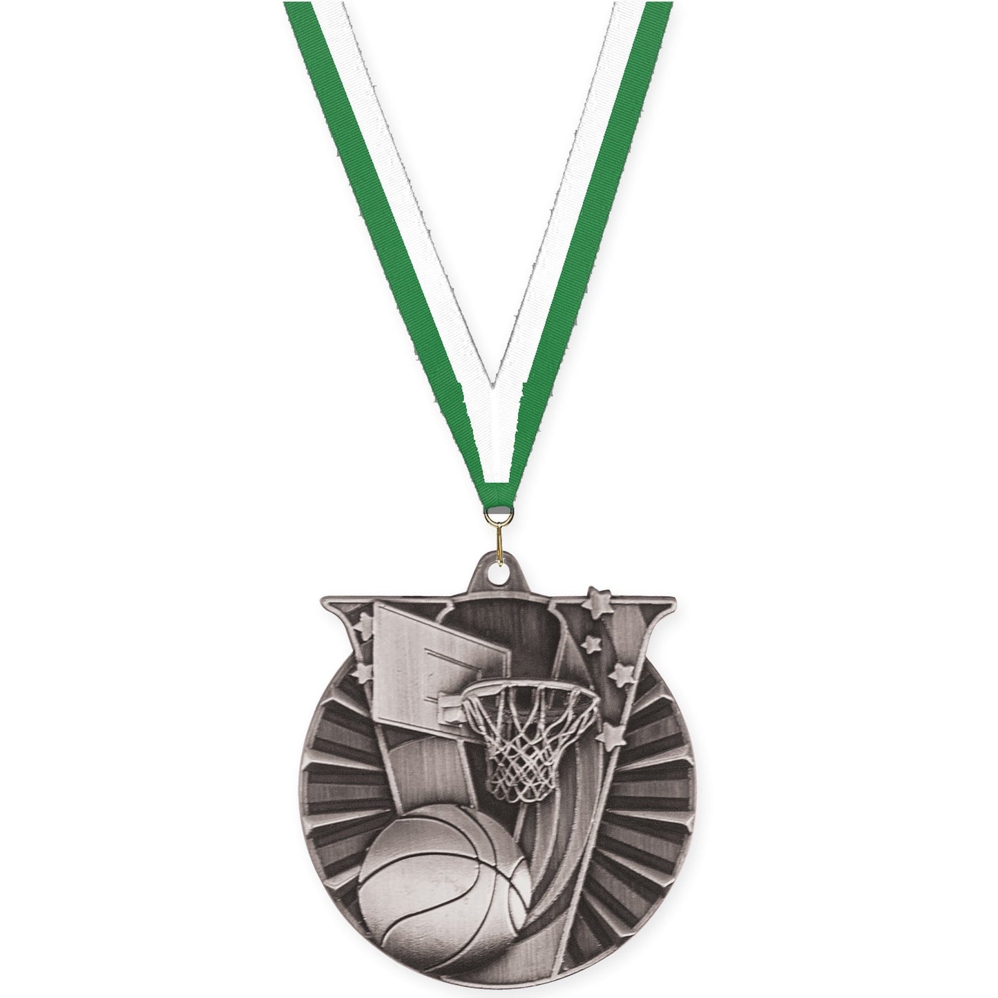2 inch basketball Victory medal in antique silver with Green White neck ribbon