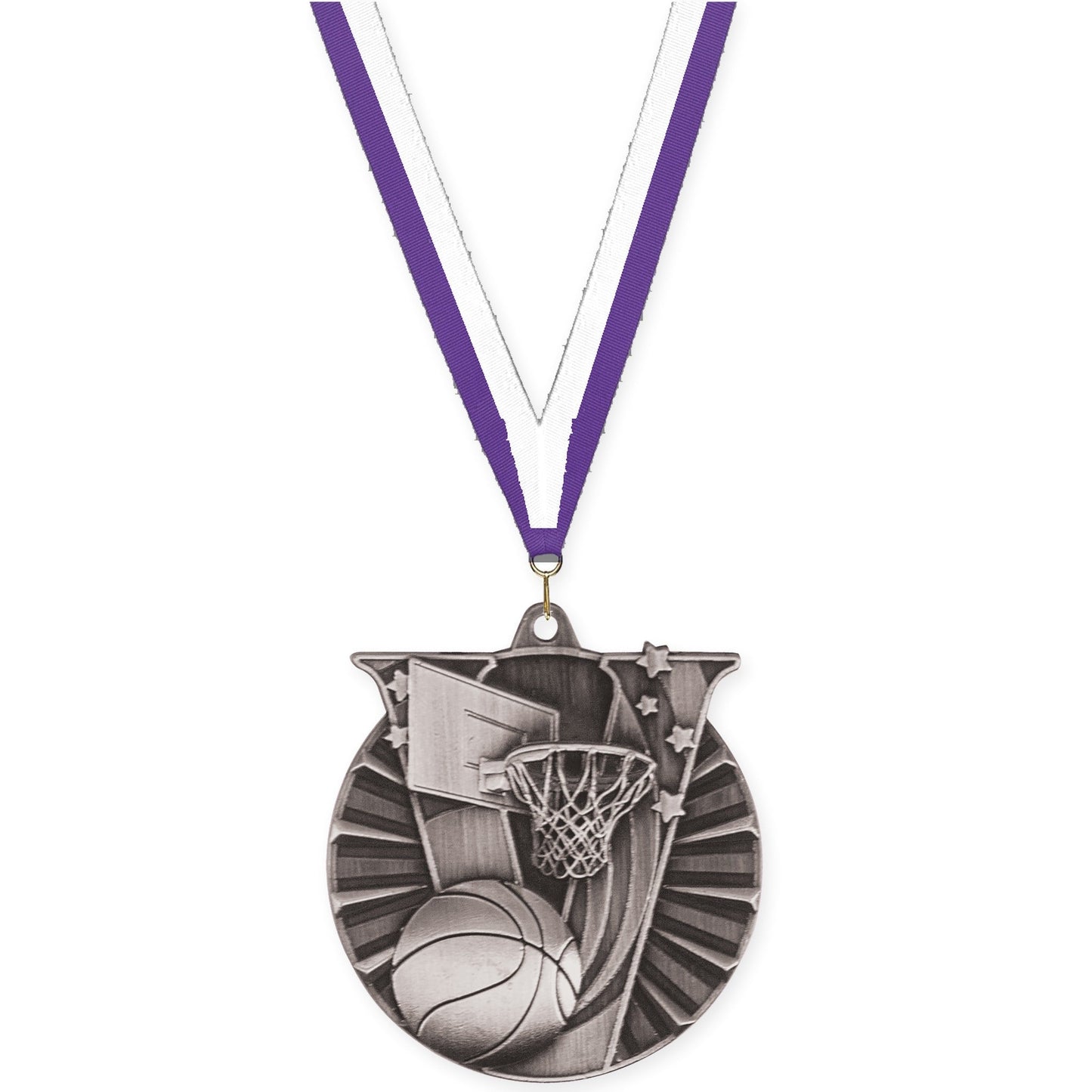 2 inch basketball Victory medal in antique silver with Purple White neck ribbon