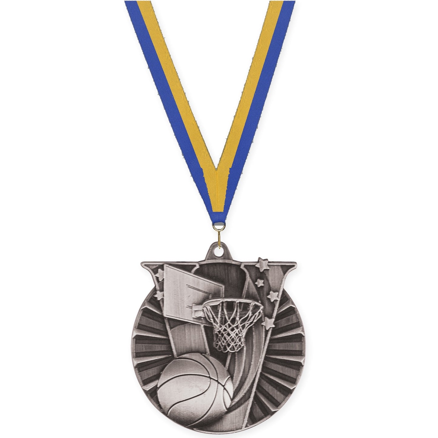 2 inch basketball Victory medal in antique silver with Blue Gold neck ribbon