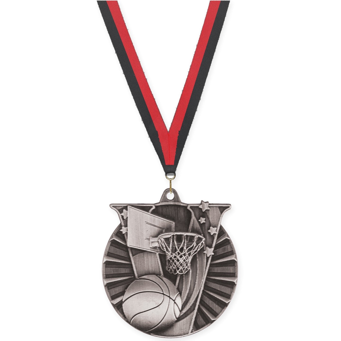 2 inch basketball Victory medal in antique silver with Black Red neck ribbon
