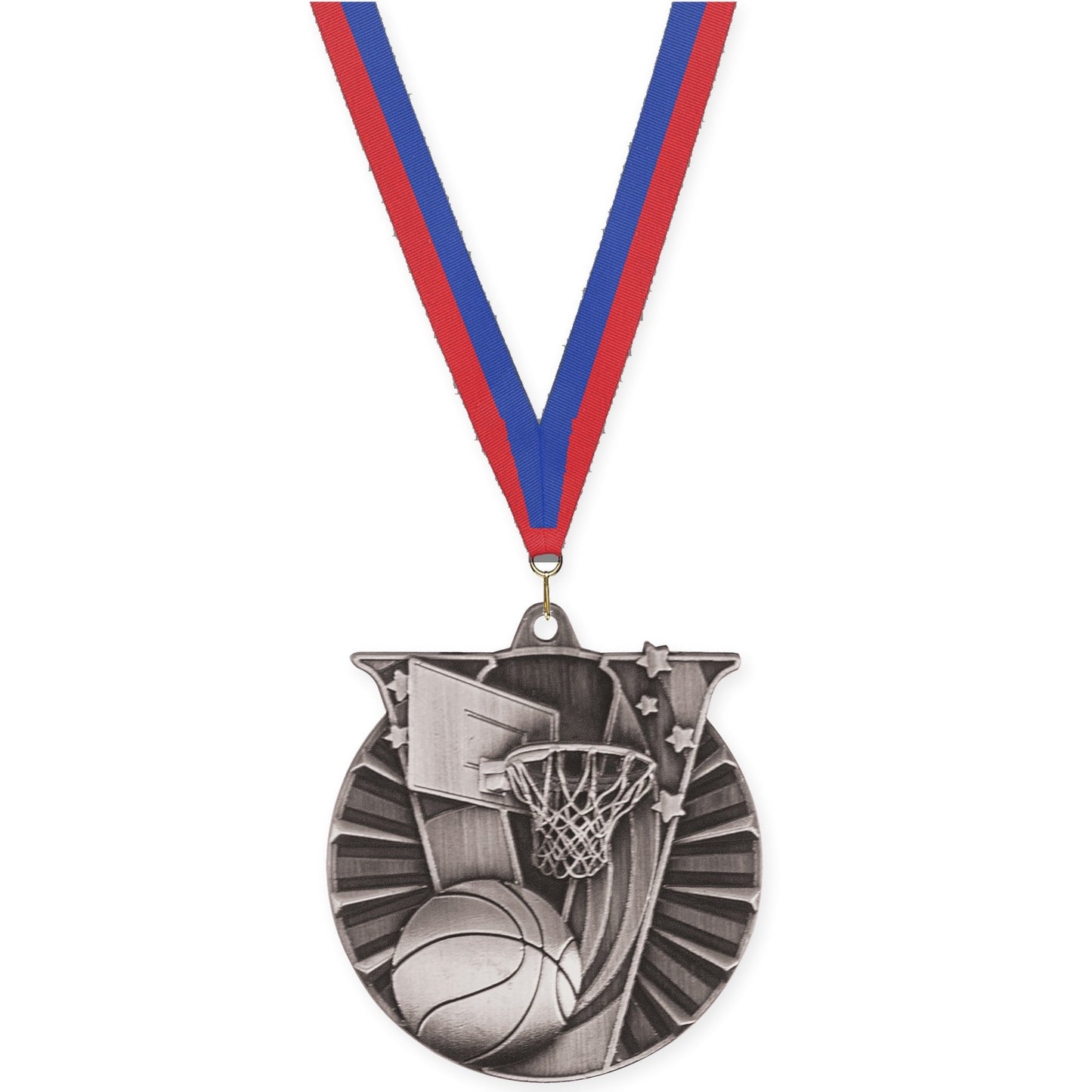 2 inch basketball Victory medal in antique silver with Blue Red neck ribbon