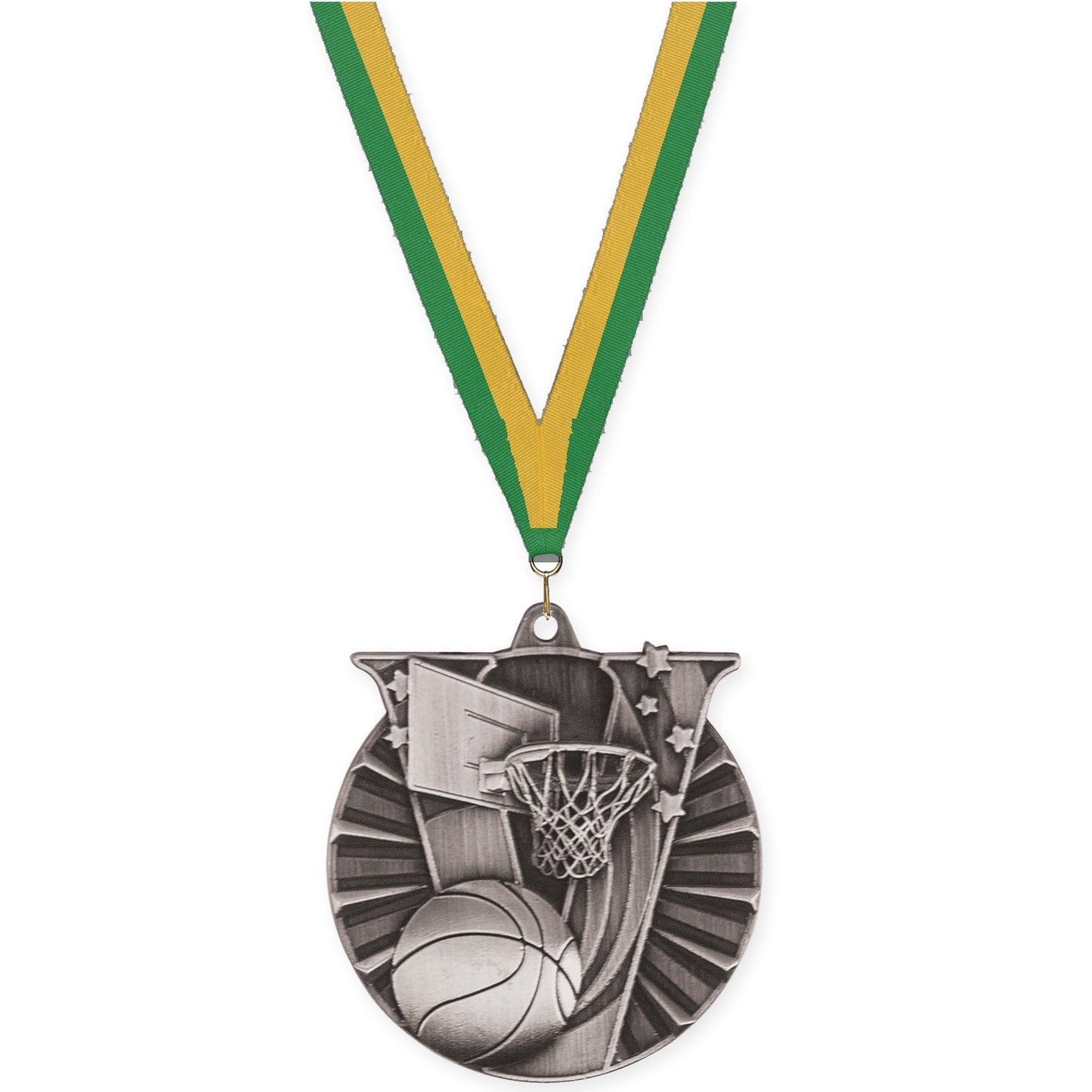 2 inch basketball Victory medal in antique silver with Green Gold neck ribbon