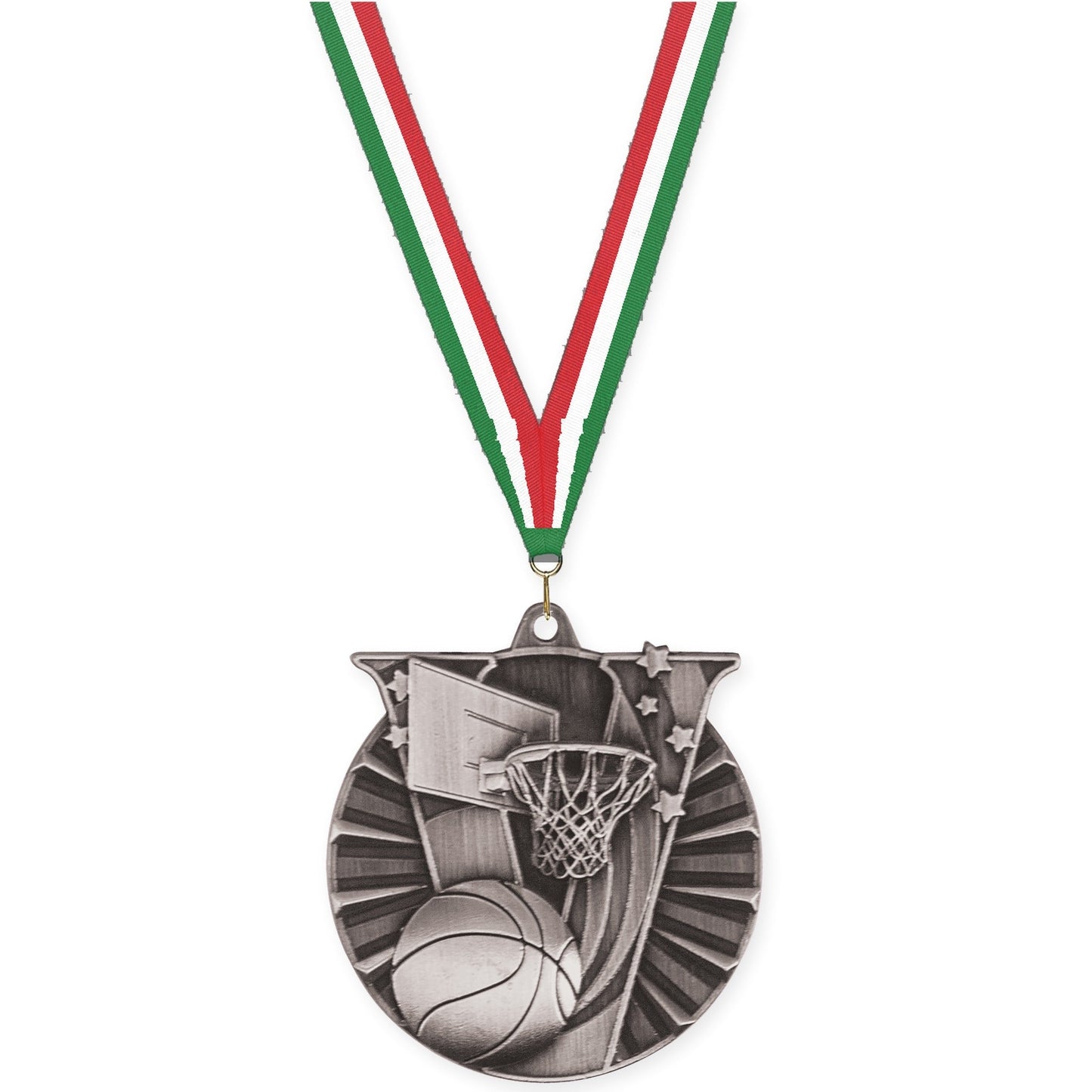 2 inch basketball Victory medal in antique silver with Green White Red neck ribbon