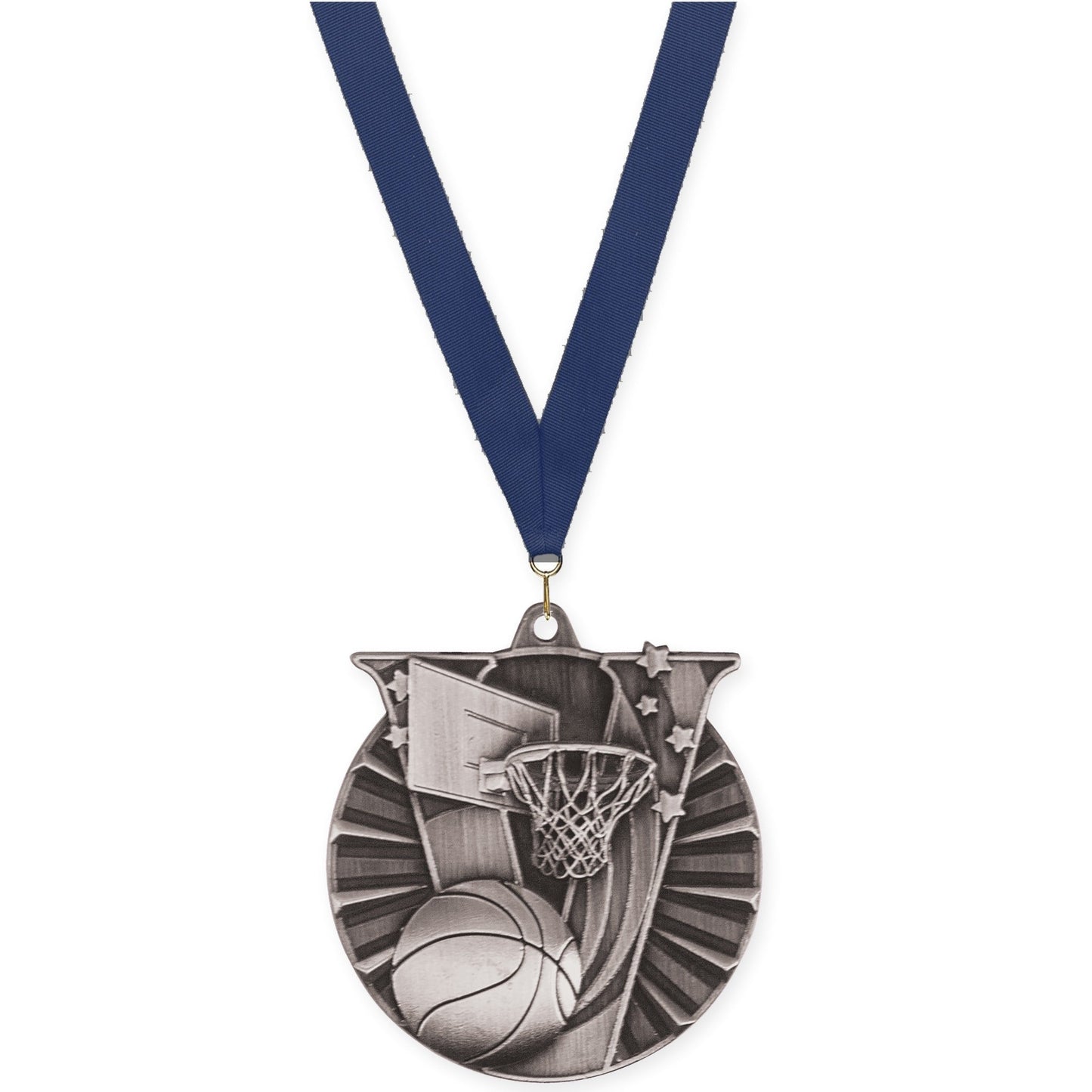 2 inch basketball Victory medal in antique silver with Navy neck ribbon