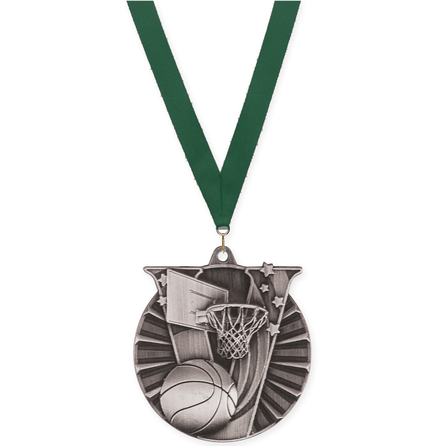 2 inch basketball Victory medal in antique silver with Hunter Green neck ribbon