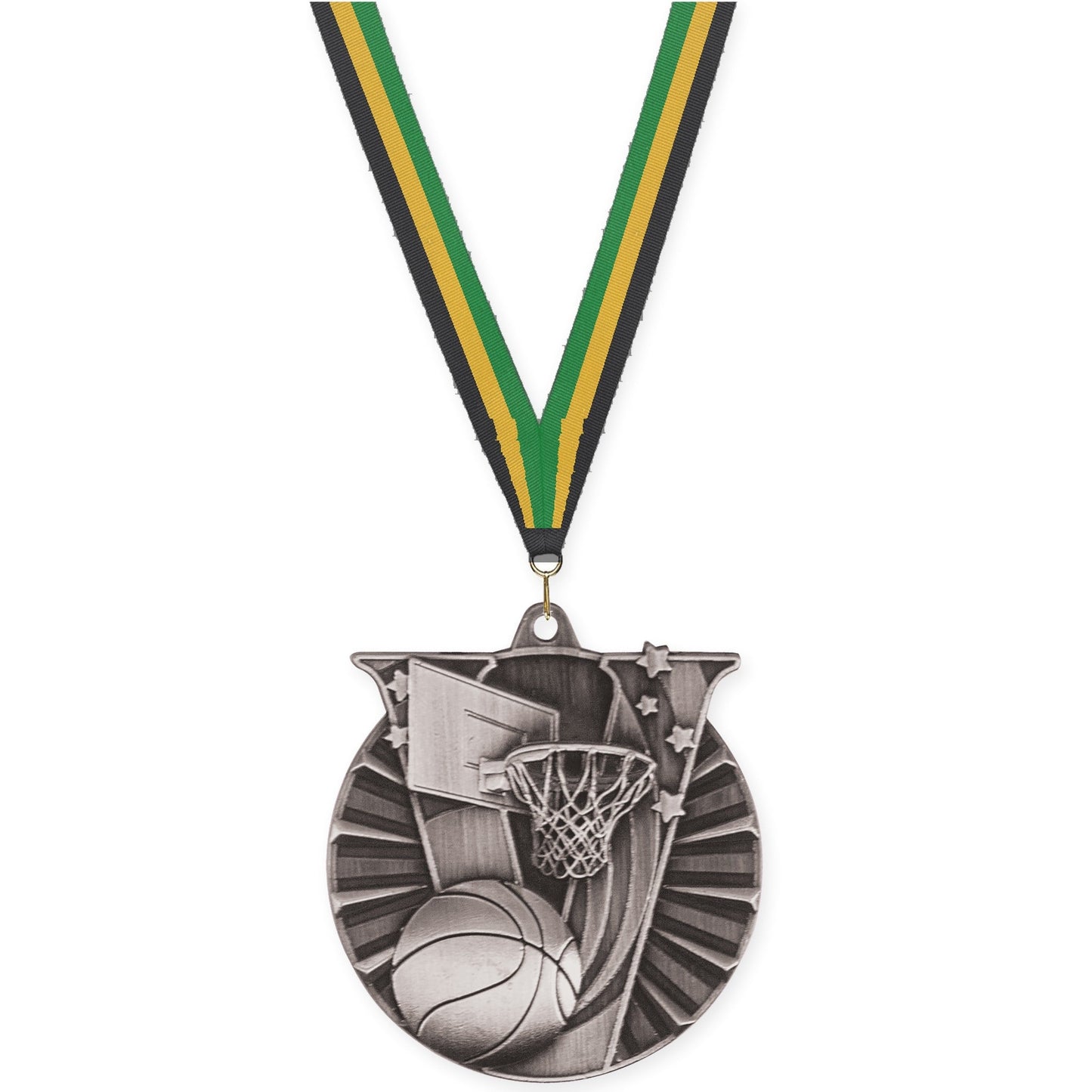2 inch basketball Victory medal in antique silver with Black Gold Green neck ribbon