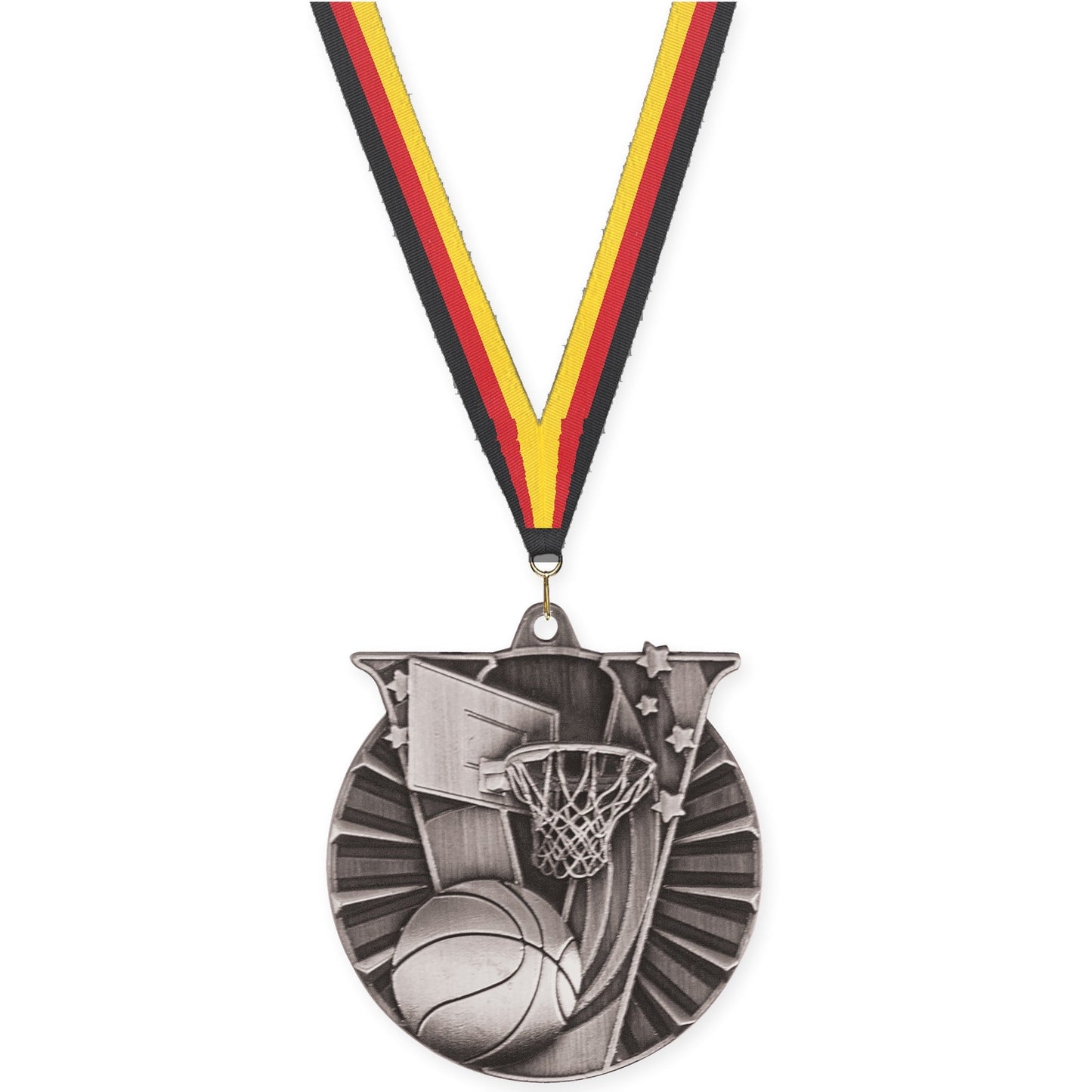 2 inch basketball Victory medal in antique silver with Black Red Yellow neck ribbon