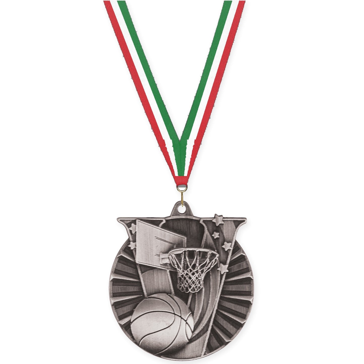 2 inch basketball Victory medal in antique silver with Red White Green neck ribbon