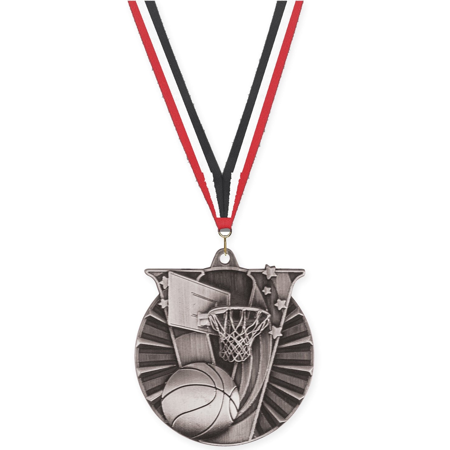 2 inch basketball Victory medal in antique silver with Red White Black neck ribbon