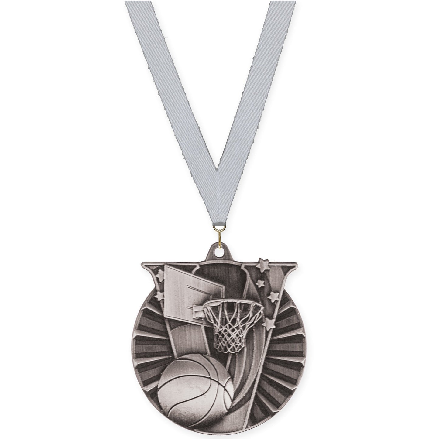2 inch basketball Victory medal in antique silver with Silver Metallic neck ribbon
