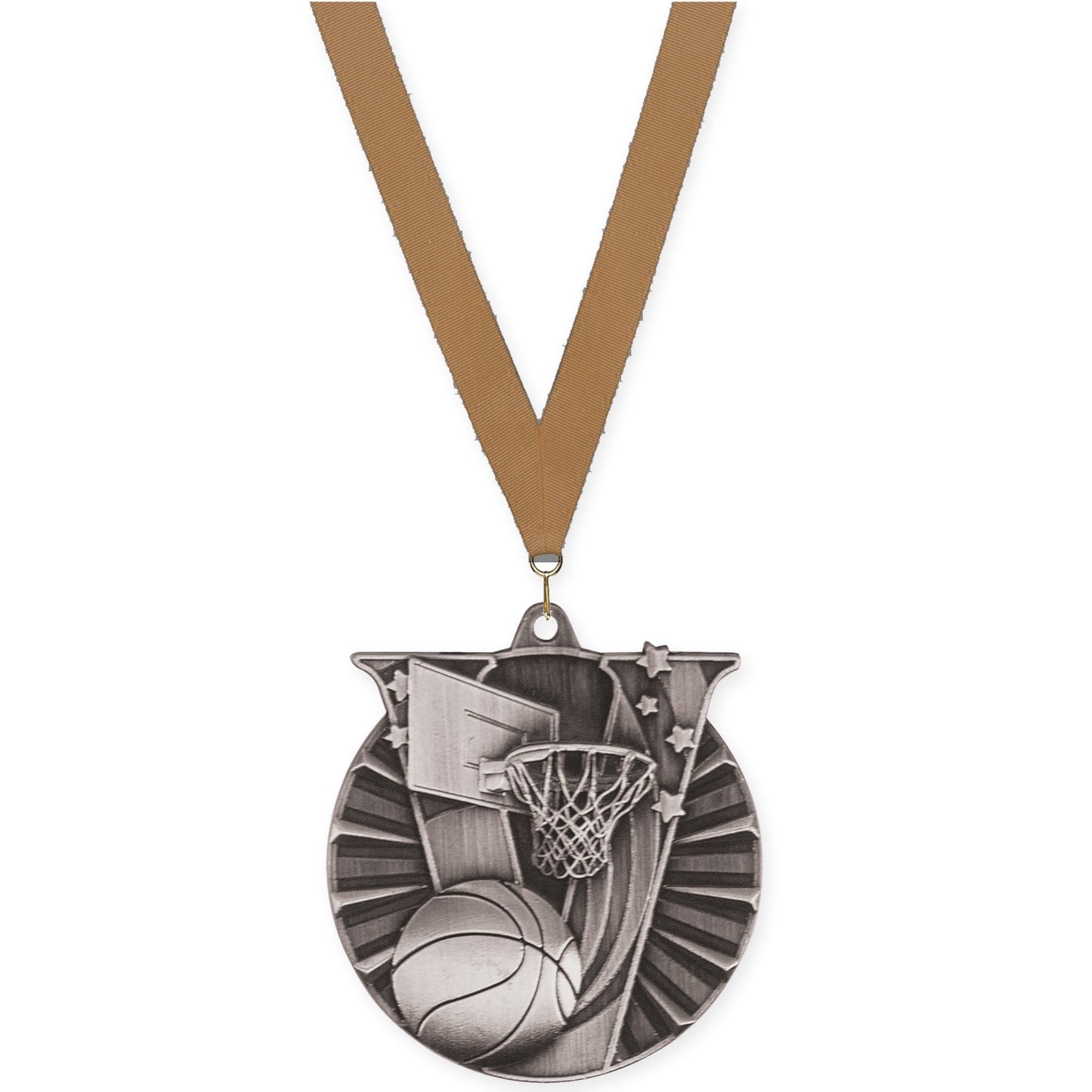 2 inch basketball Victory medal in antique silver with Bronze Metallic neck ribbon