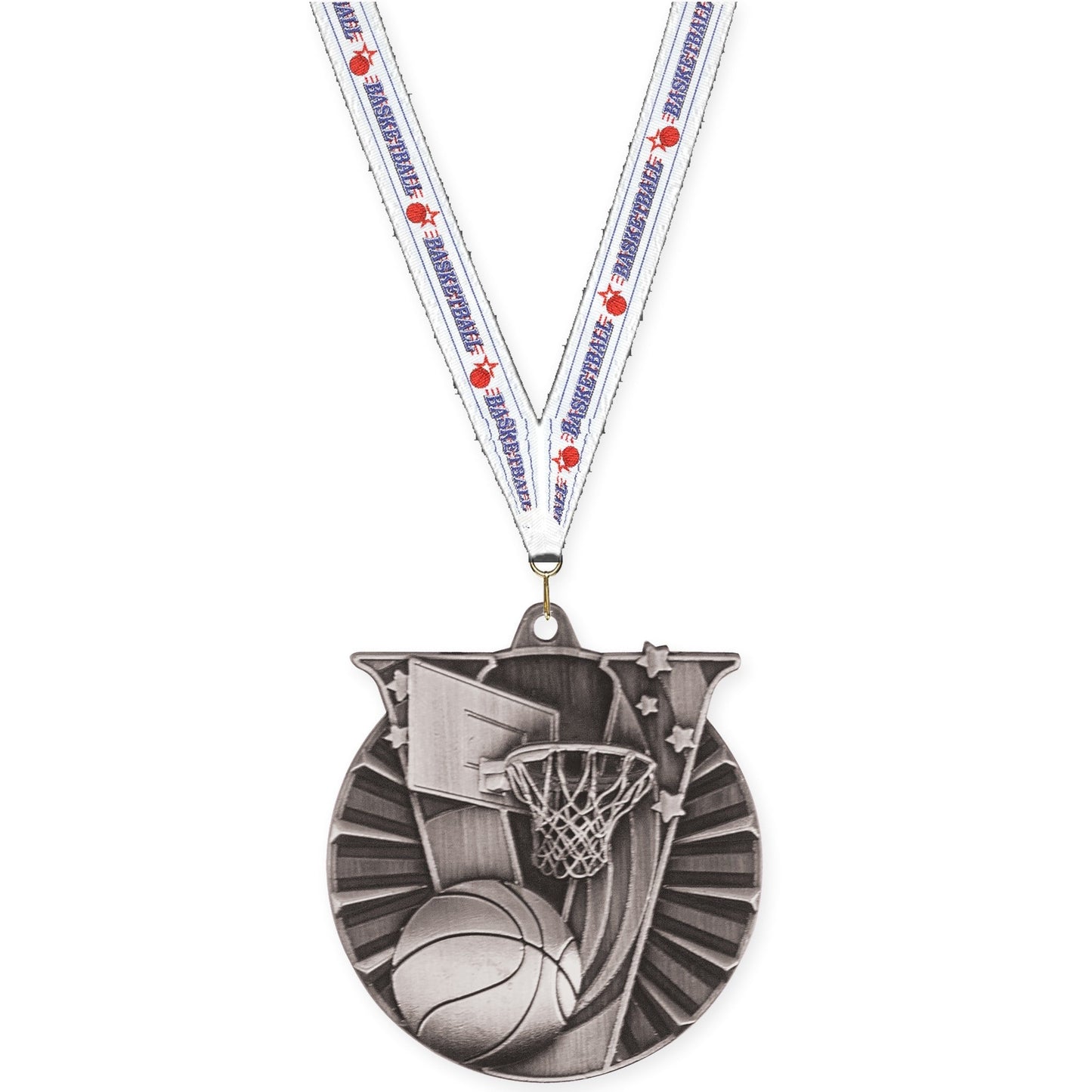 2 inch basketball Victory medal in antique silver with Basketball neck ribbon