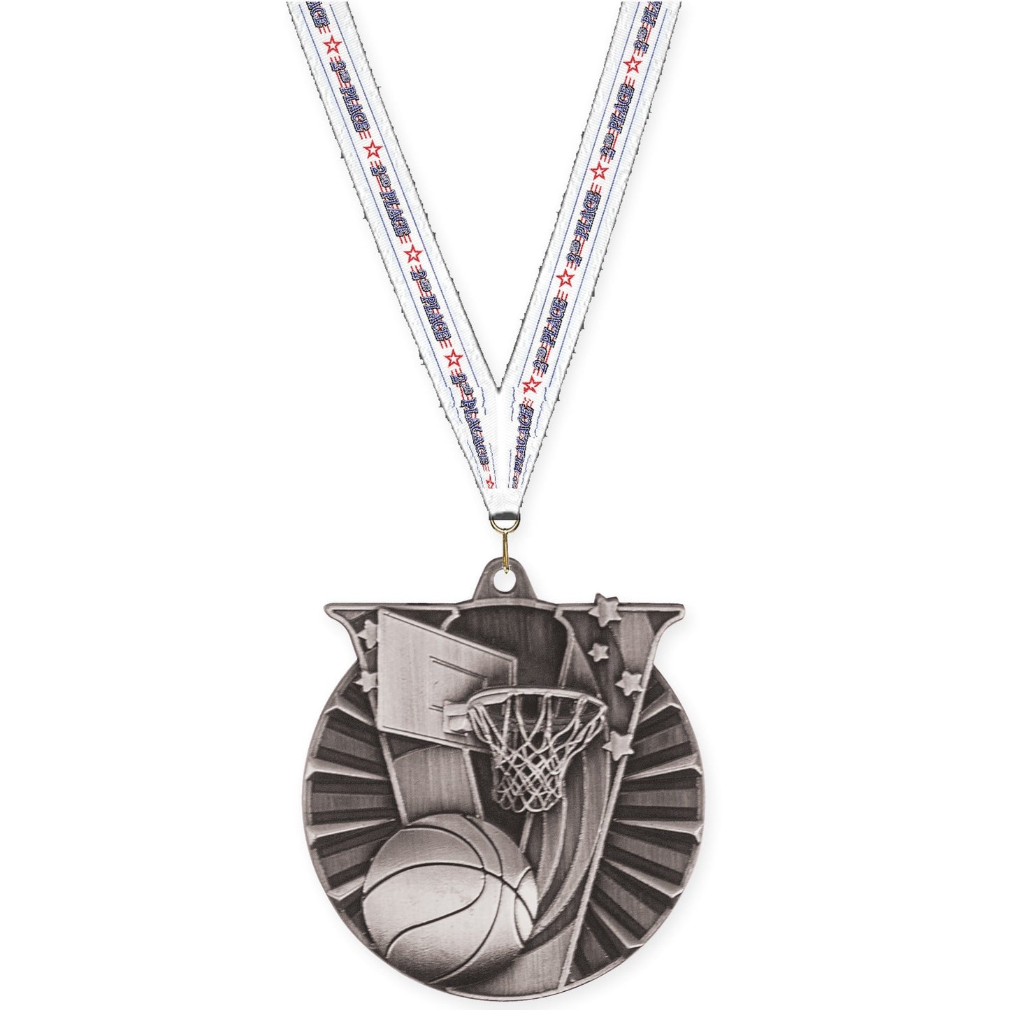 2 inch basketball Victory medal in antique silver with 2nd Place neck ribbon
