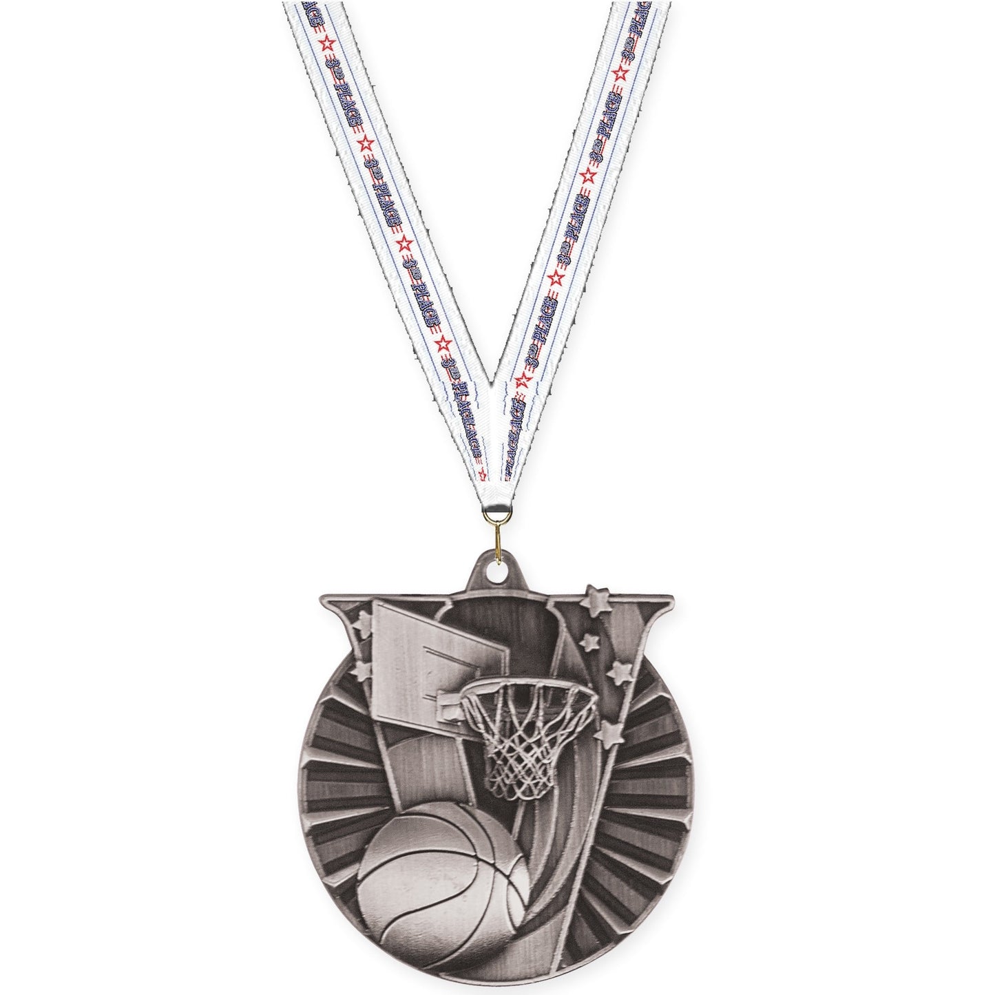 2 inch basketball Victory medal in antique silver with 3rd Place neck ribbon