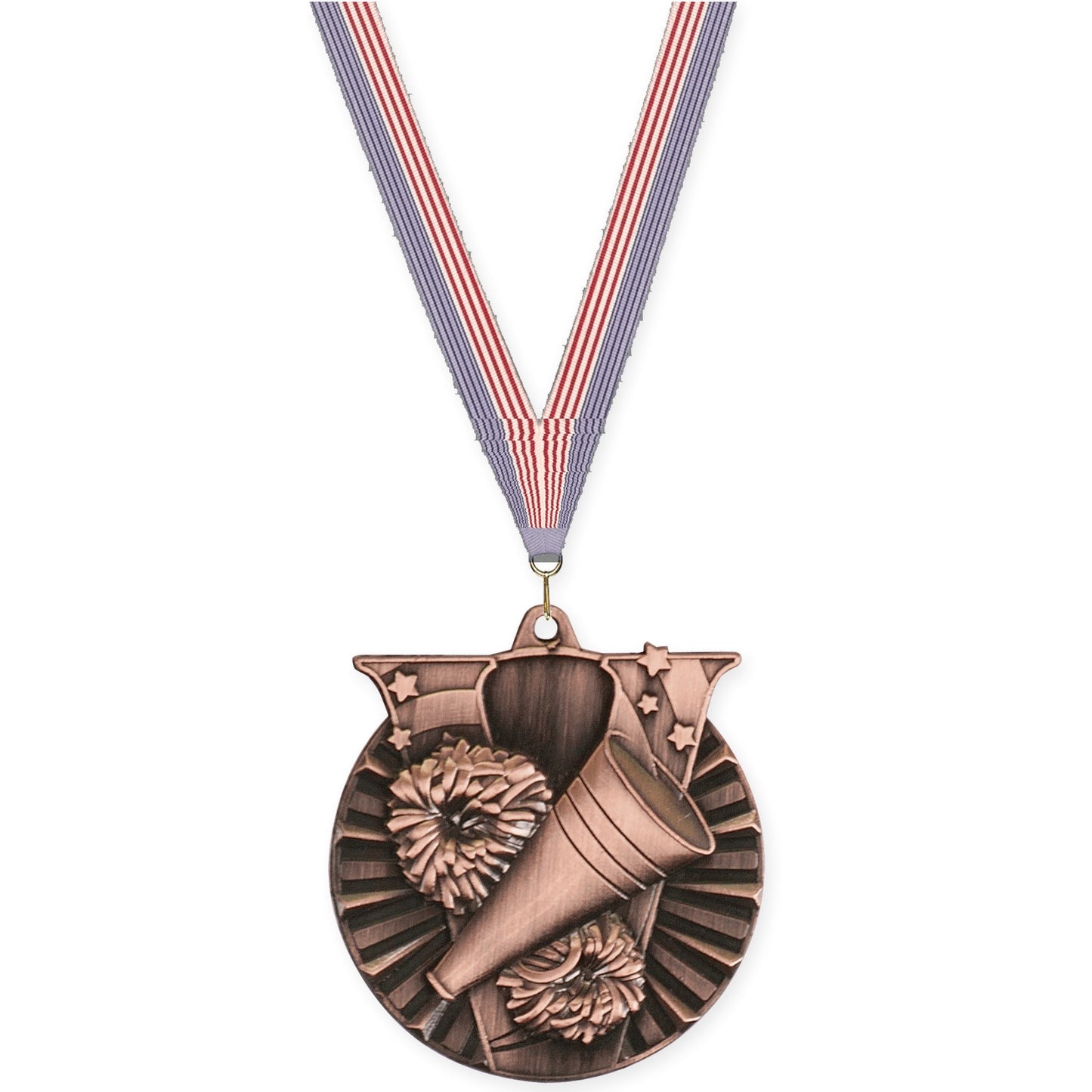 2 inch cheerleading Victory medal in antique bronze with USA Flag neck ribbon