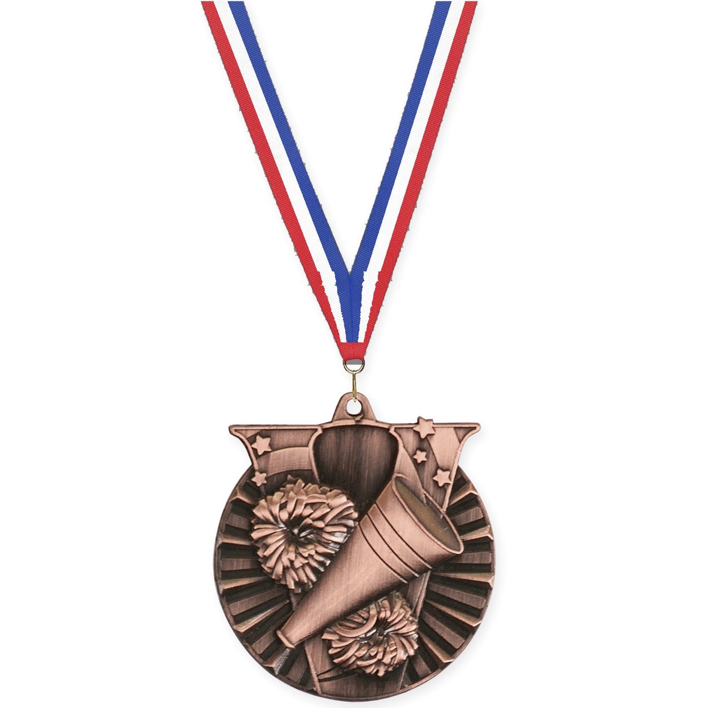 2 inch cheerleading Victory medal in antique bronze with Red White Blue neck ribbon