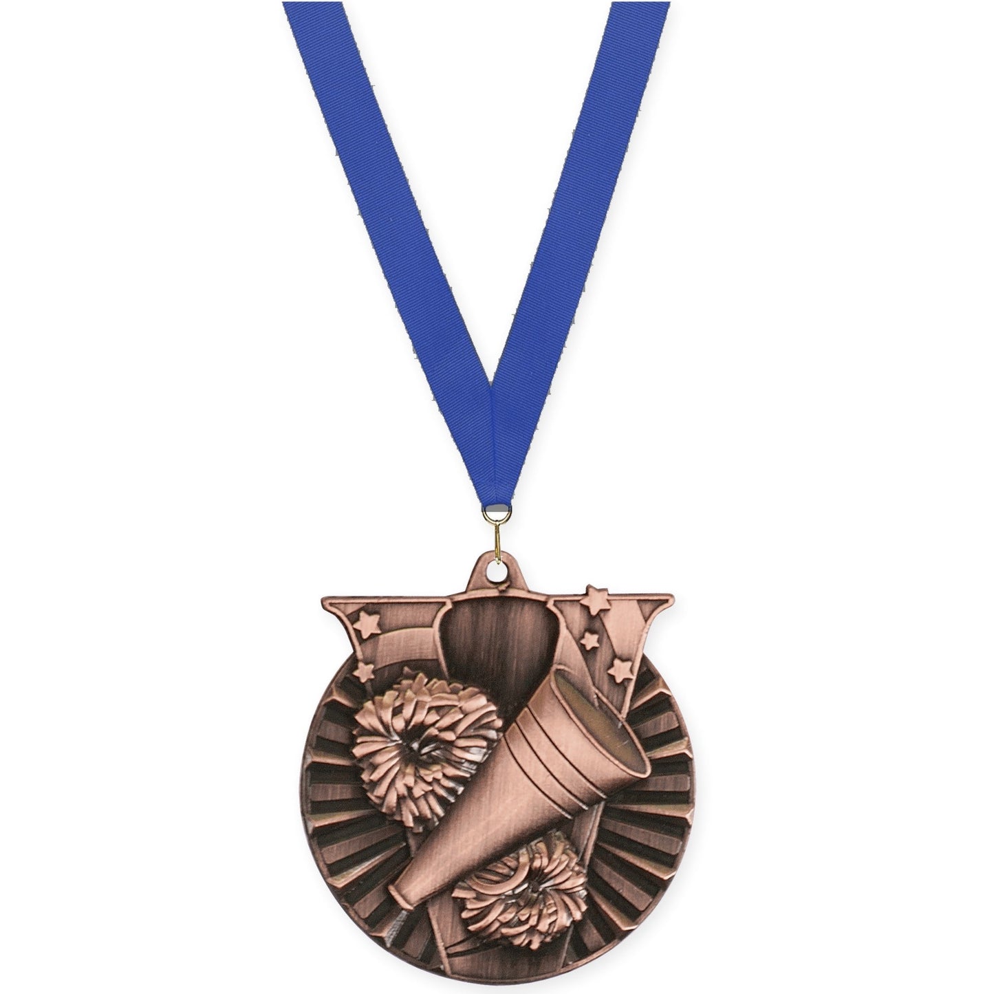 2 inch cheerleading Victory medal in antique bronze with Blue neck ribbon